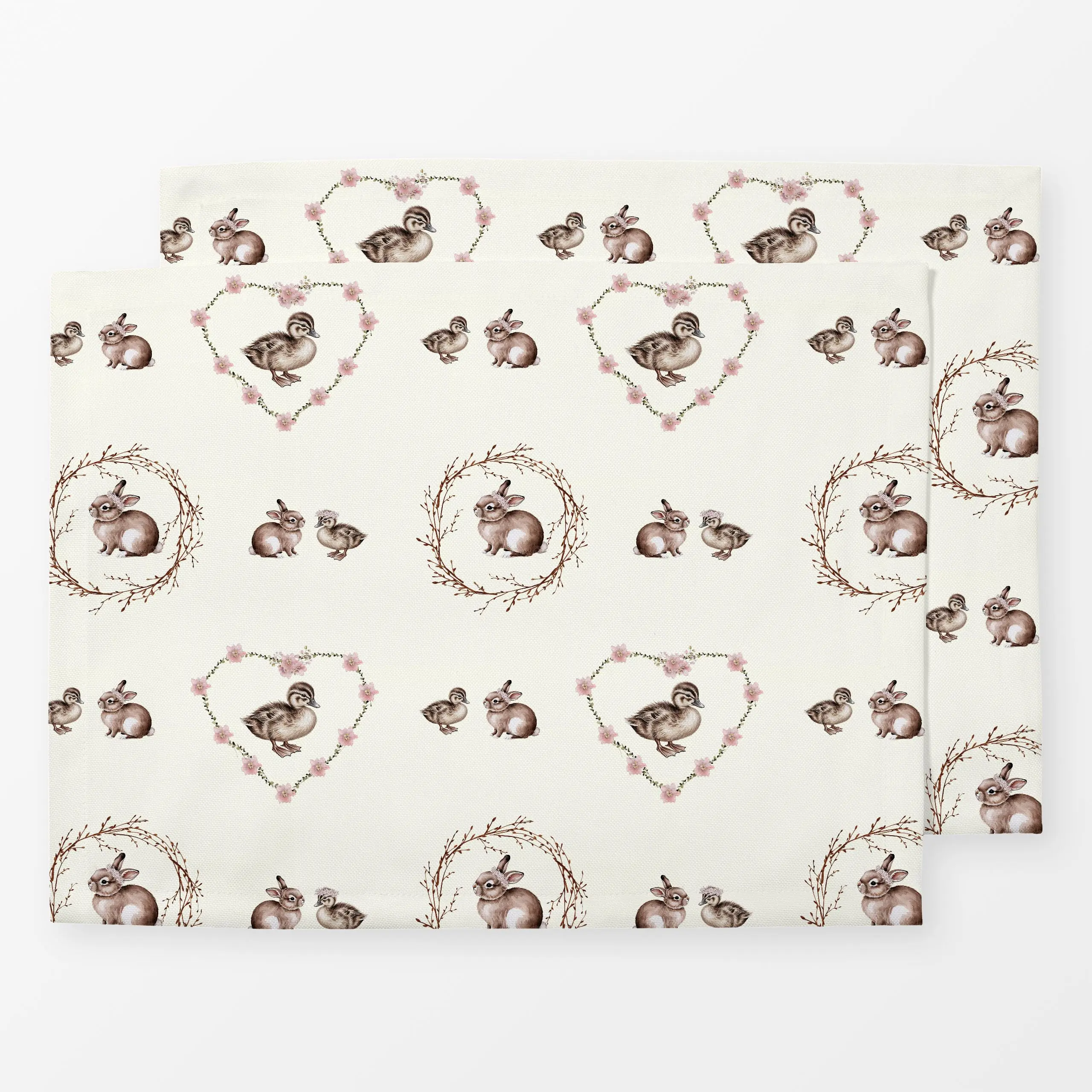 Tischset Hasen Küken Ente Kranz Muster - Frühling, Tiere, Ostern - von „Monika Strigel"; Hase, Herzen, niedlich, Ostern, lan...