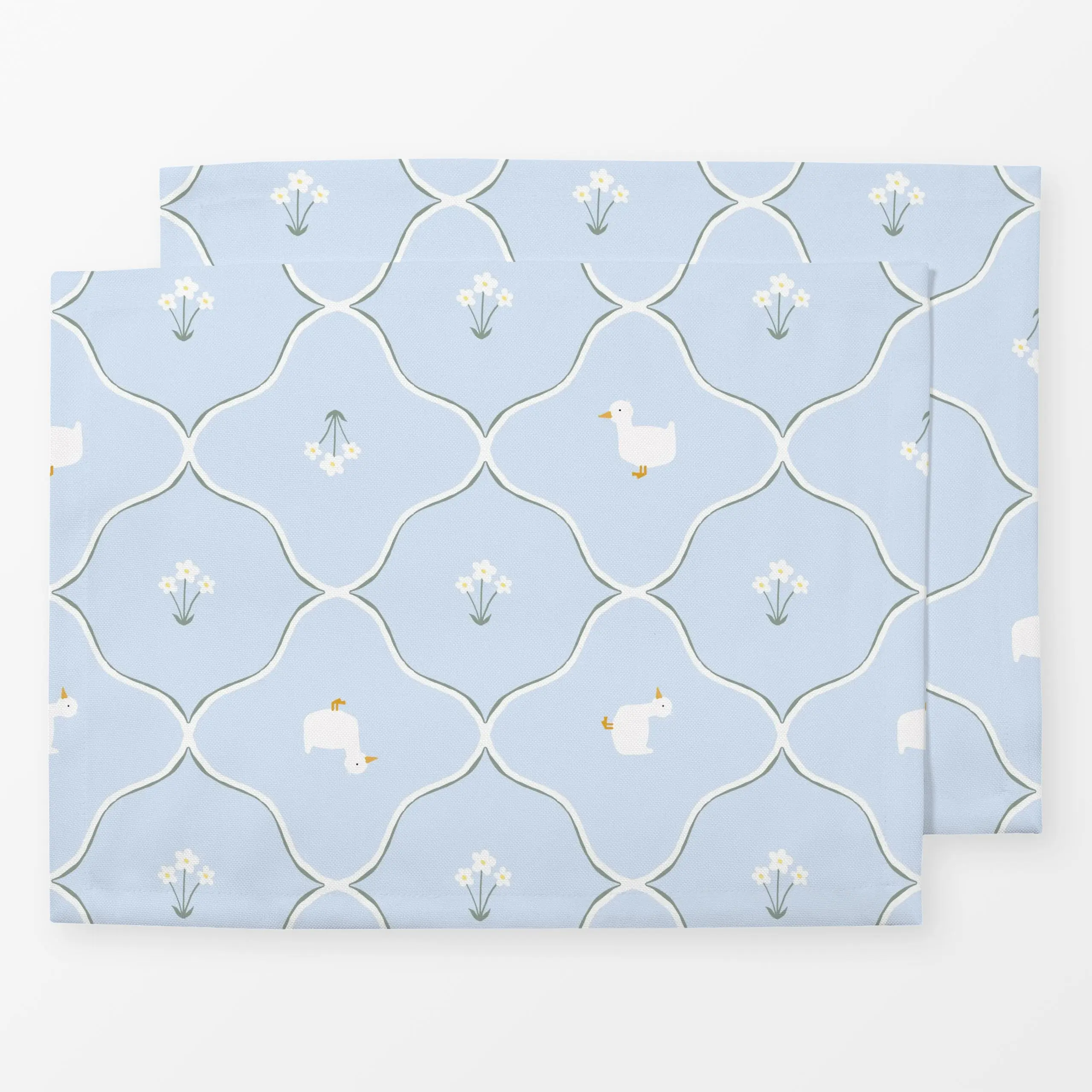 Tischset Fruehling Muster Hellblau Ente, Blumen, Tiere, Frühling, von Monika Strigel
