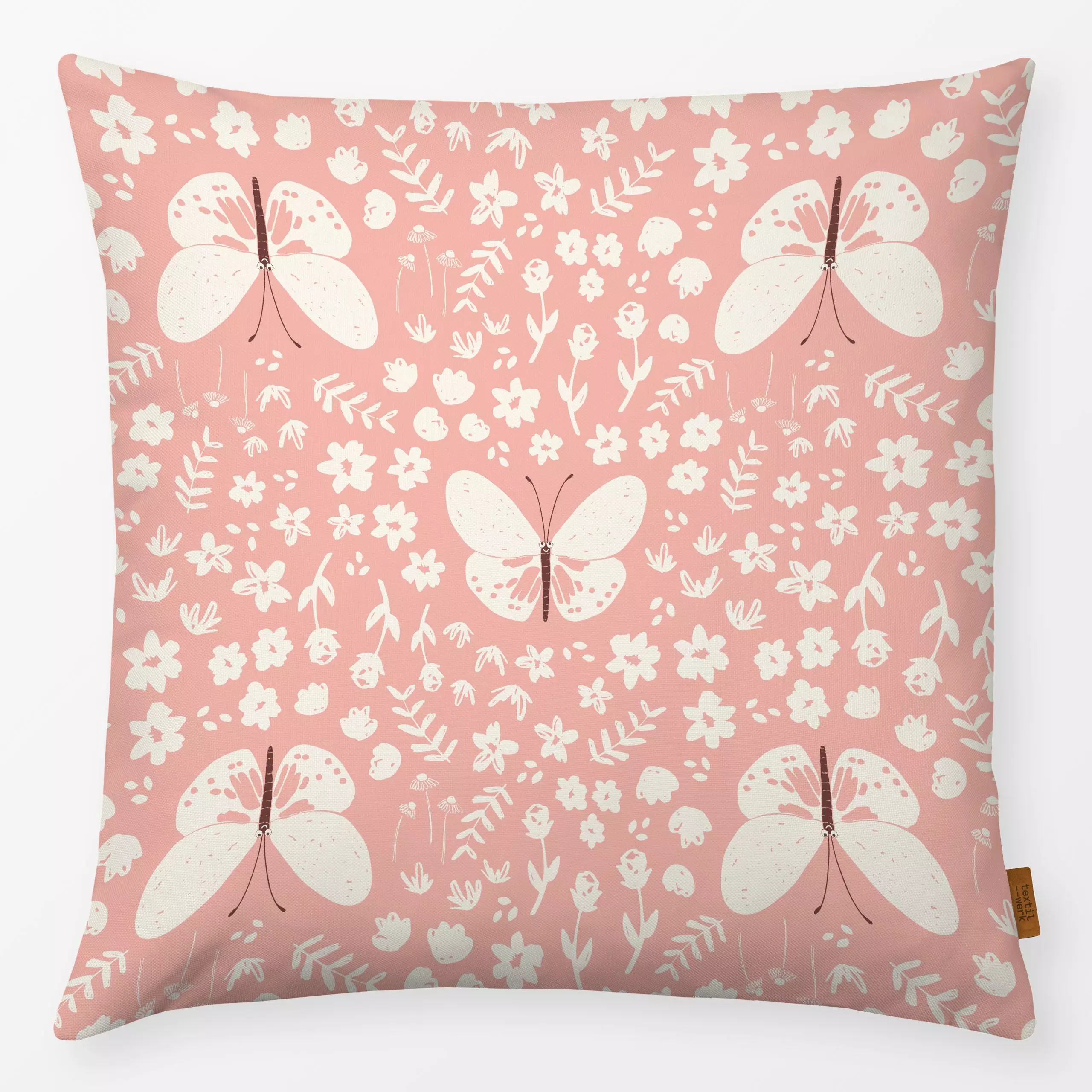 Kissen Schmetterling und Blumen rosa - Frühling, Tiere, Symbole & Muster - von „Kathrin Woo"; rosa, Schmetterling, modern, v...