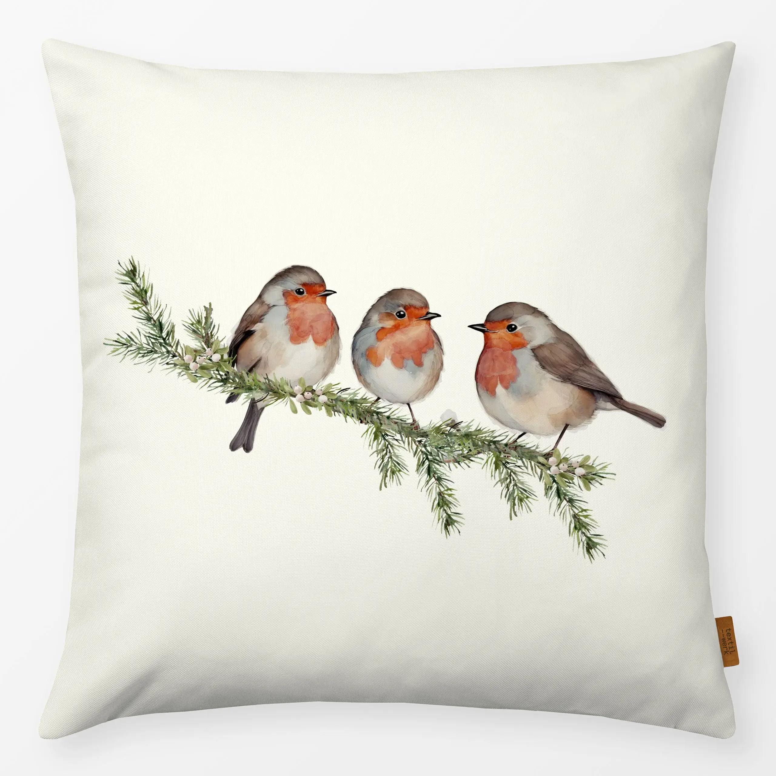 Kissen Rotkehlchen Robin Vögel Creme - Herbst, Winter - von „Monika Strigel"; Natur, Wald, Vogel, Rotkehlchen, Tannenbaum, n...