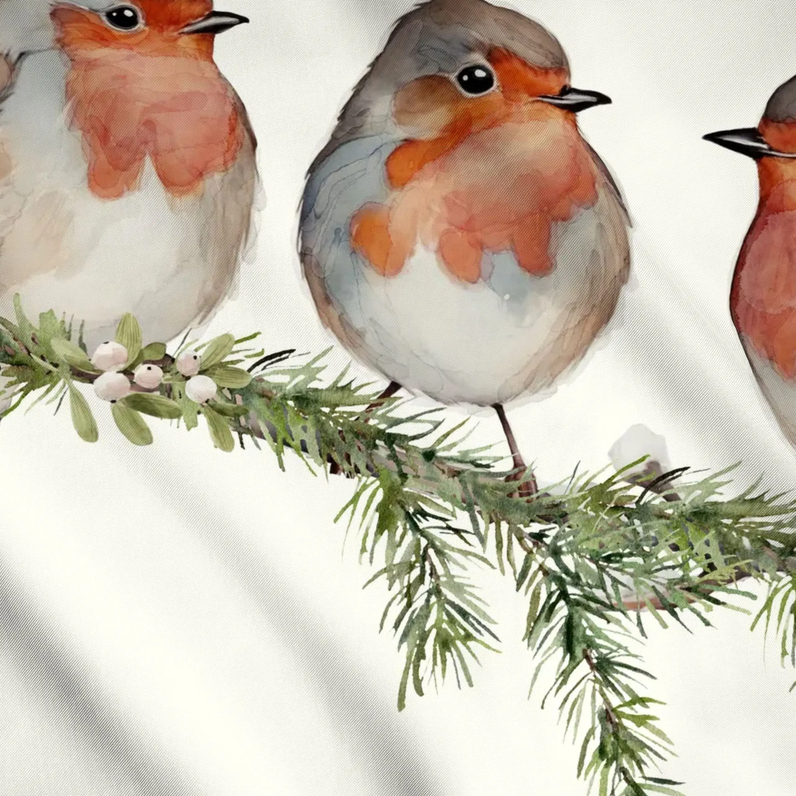 Meterware Rotkehlchen Robin Vögel Creme - Herbst, Winter - von „Monika Strigel"; Natur, Wald, Vogel, Rotkehlchen, Tannenbaum...