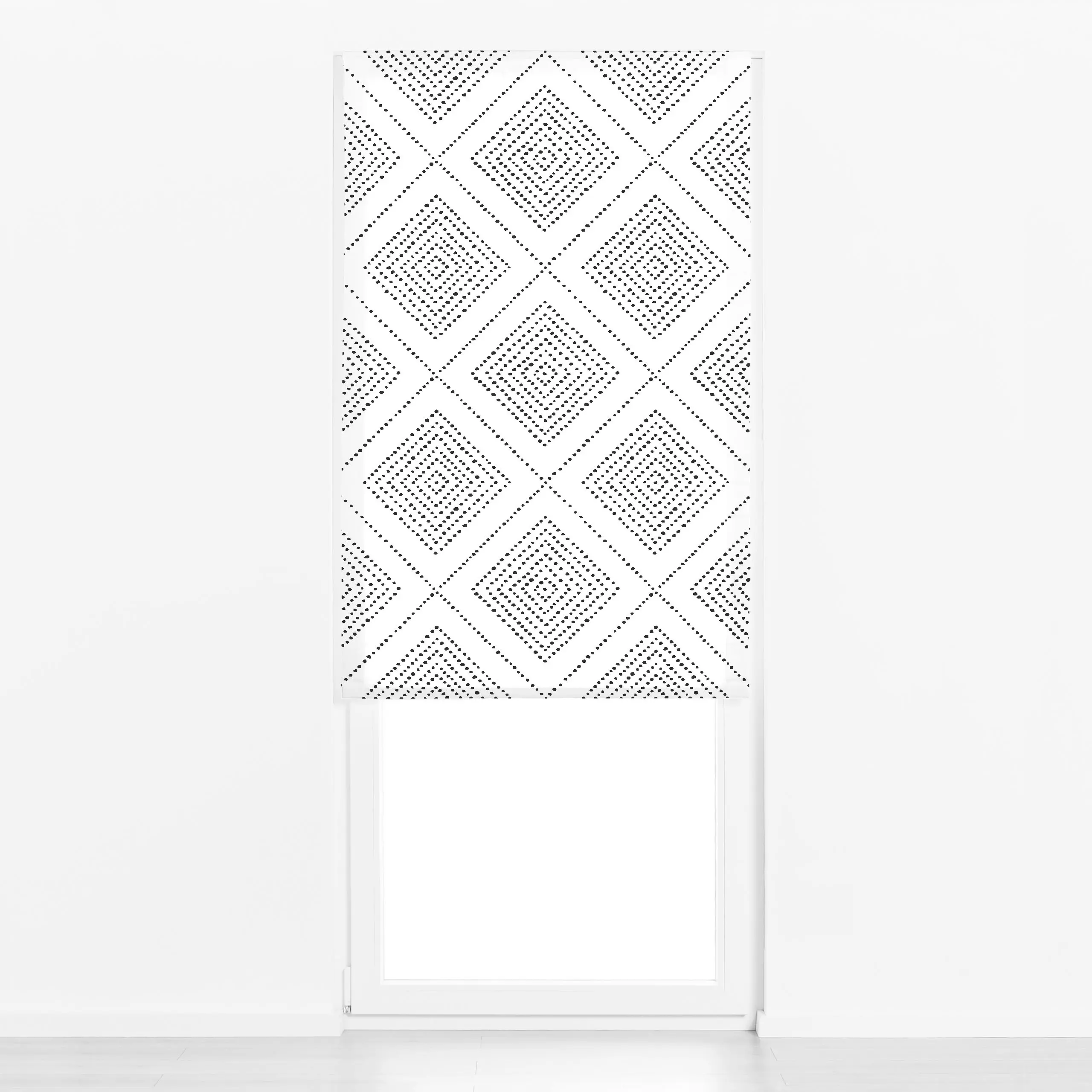 Raffrollo Boho schwarz weiß - Symbole & Muster - von „Julia Schumacher"; boho, Dots, Karo, Karos, Bohemian, gepunktet, raute...