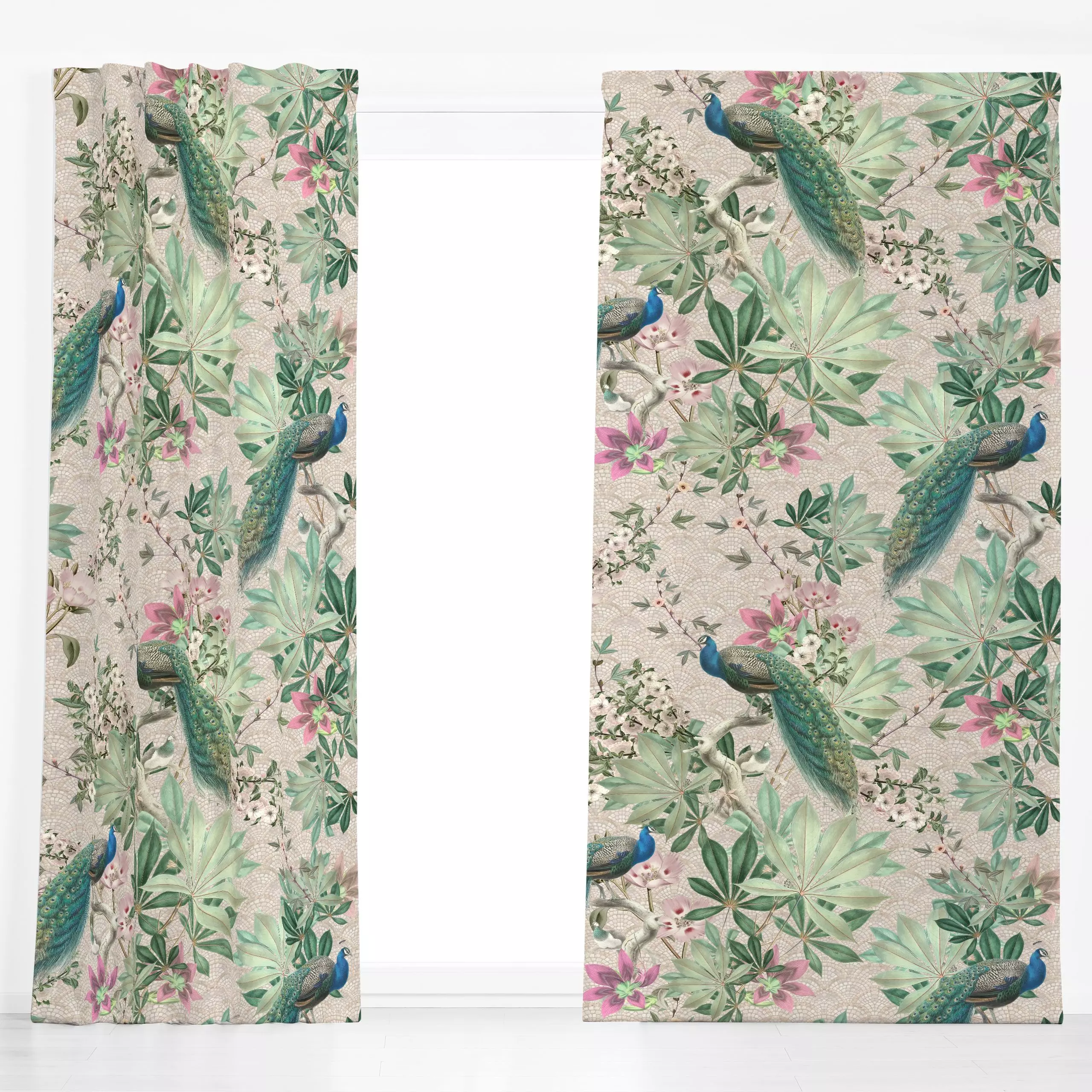 Dekovorhang Barock Pfauen Paradies Beige - Blumen & Florales, Tiere - von „Bloomery Decor"; Blumen, Pfau, Jungle, peacock, d...