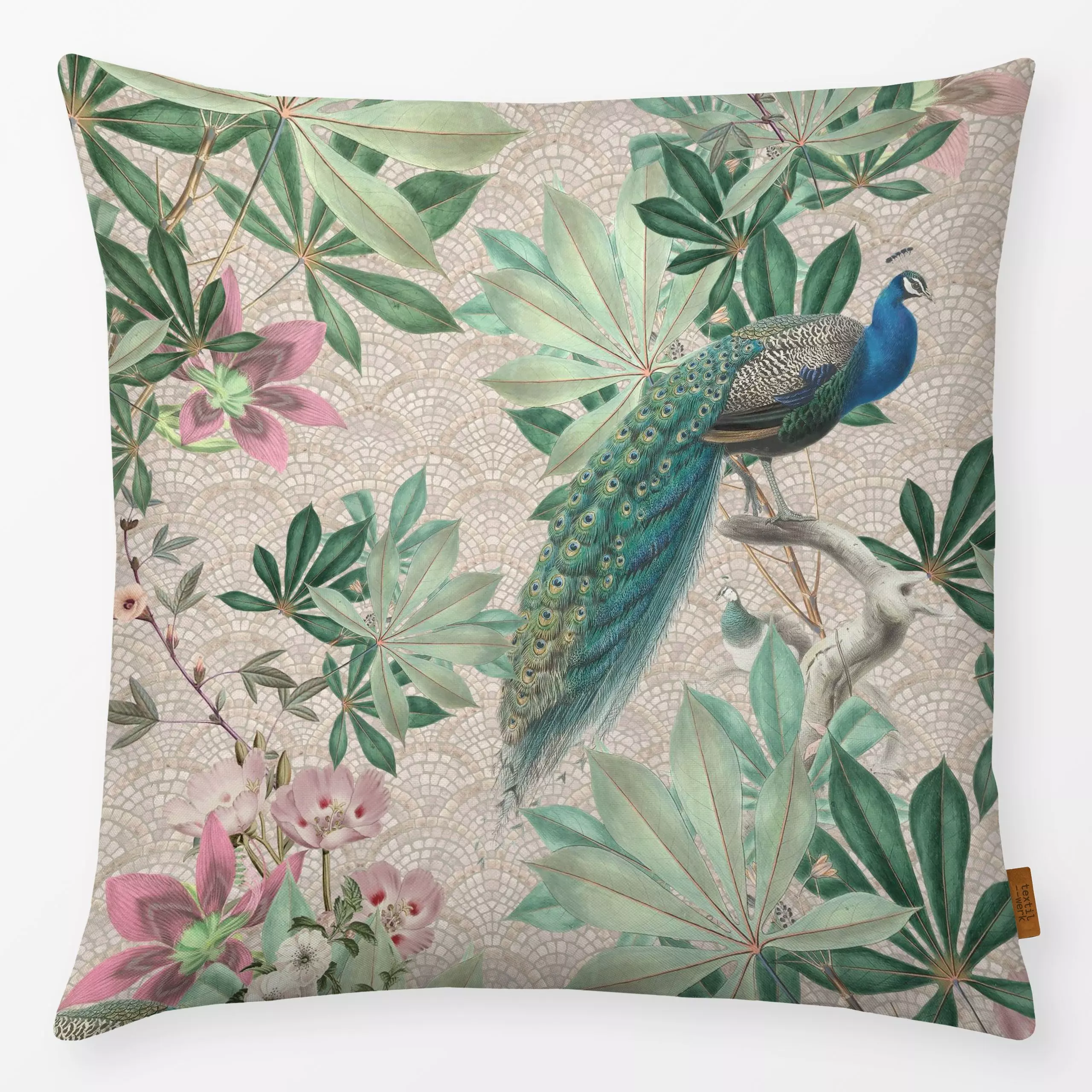 Kissen Barock Pfauen Paradies Beige - Blumen & Florales, Tiere - von „Bloomery Decor"; Blumen, Pfau, Jungle, peacock, dschun...