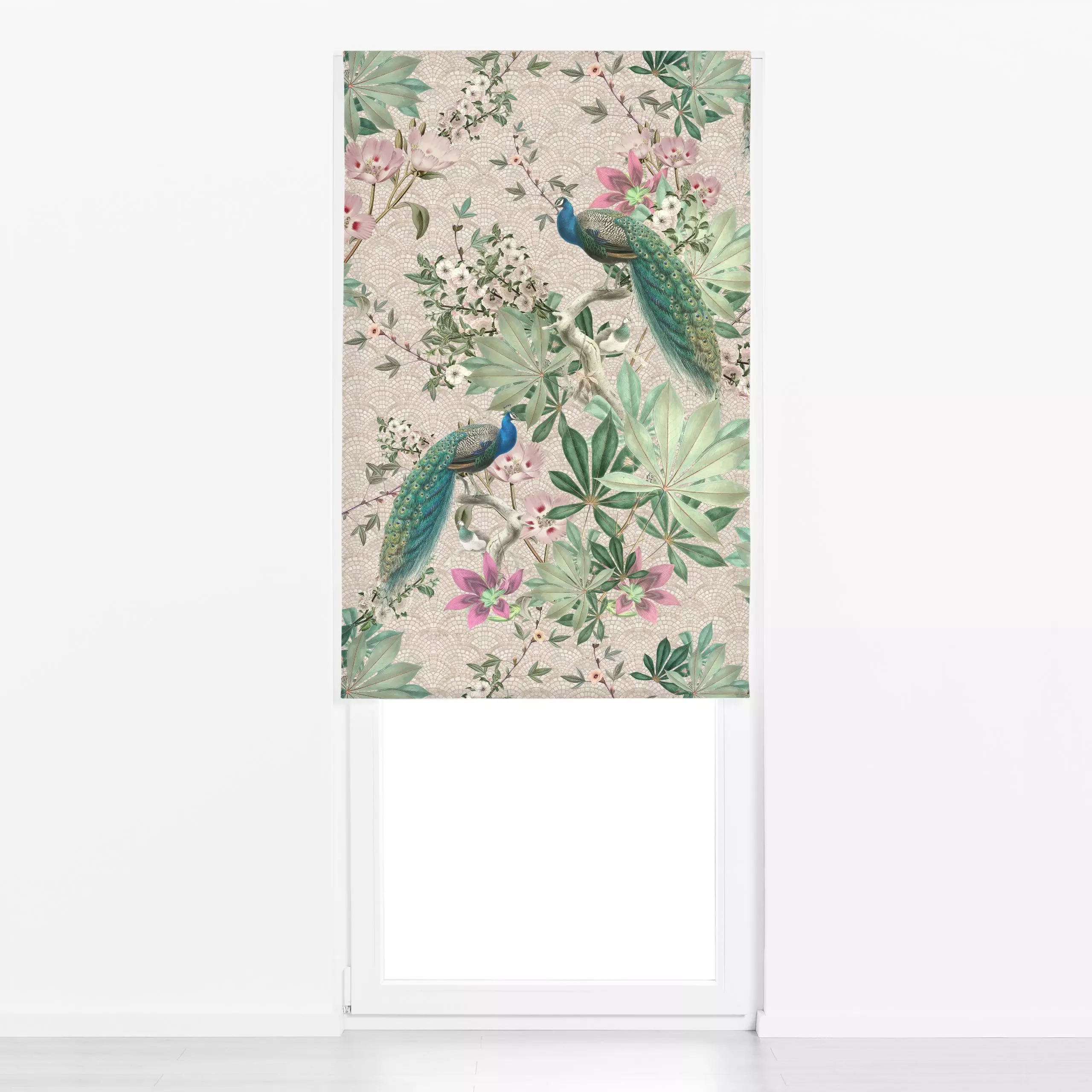 Raffrollo Barock Pfauen Paradies Beige - Blumen & Florales, Tiere - von „Bloomery Decor"; Blumen, Pfau, Jungle, peacock, dsc...
