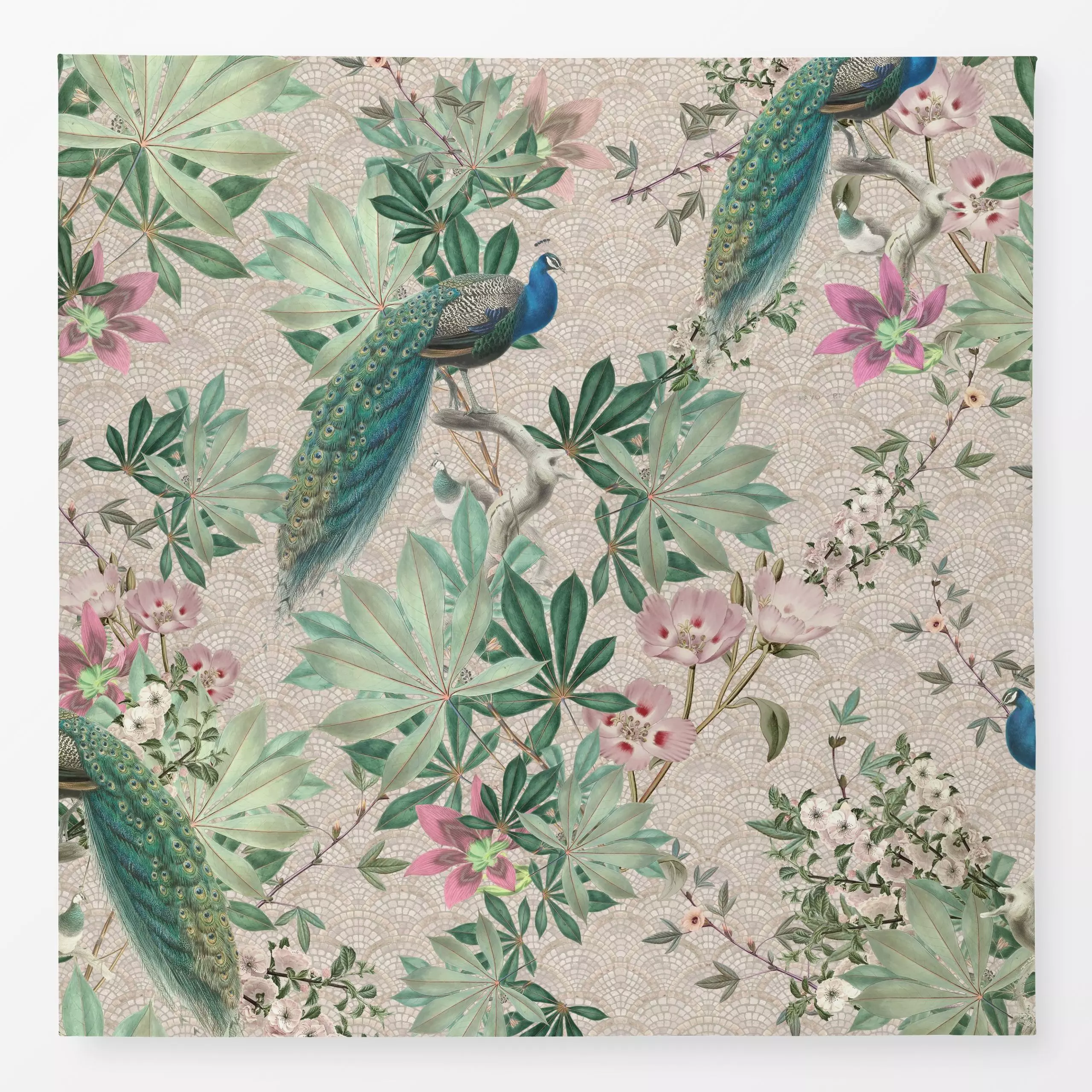Tischdecke Barock Pfauen Paradies Beige, Blumen, tropisch, Tiere, von Bloomery Decor