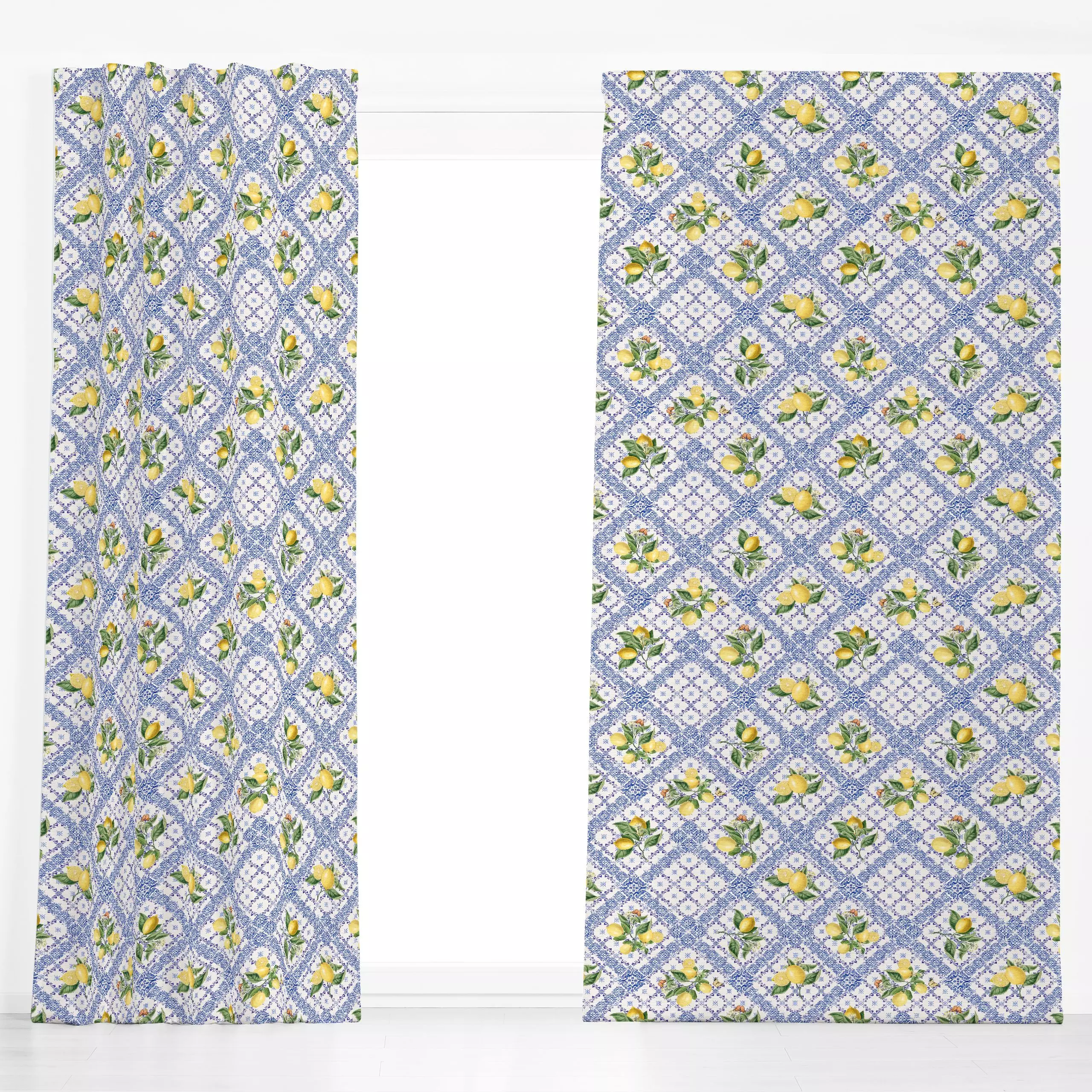 Dekovorhang Mittelmeer Fliesen Zitronen 2 - Sommer, Symbole & Muster - von „Bloomery Decor"; Muster, Sommer, blau, Zitronen,...
