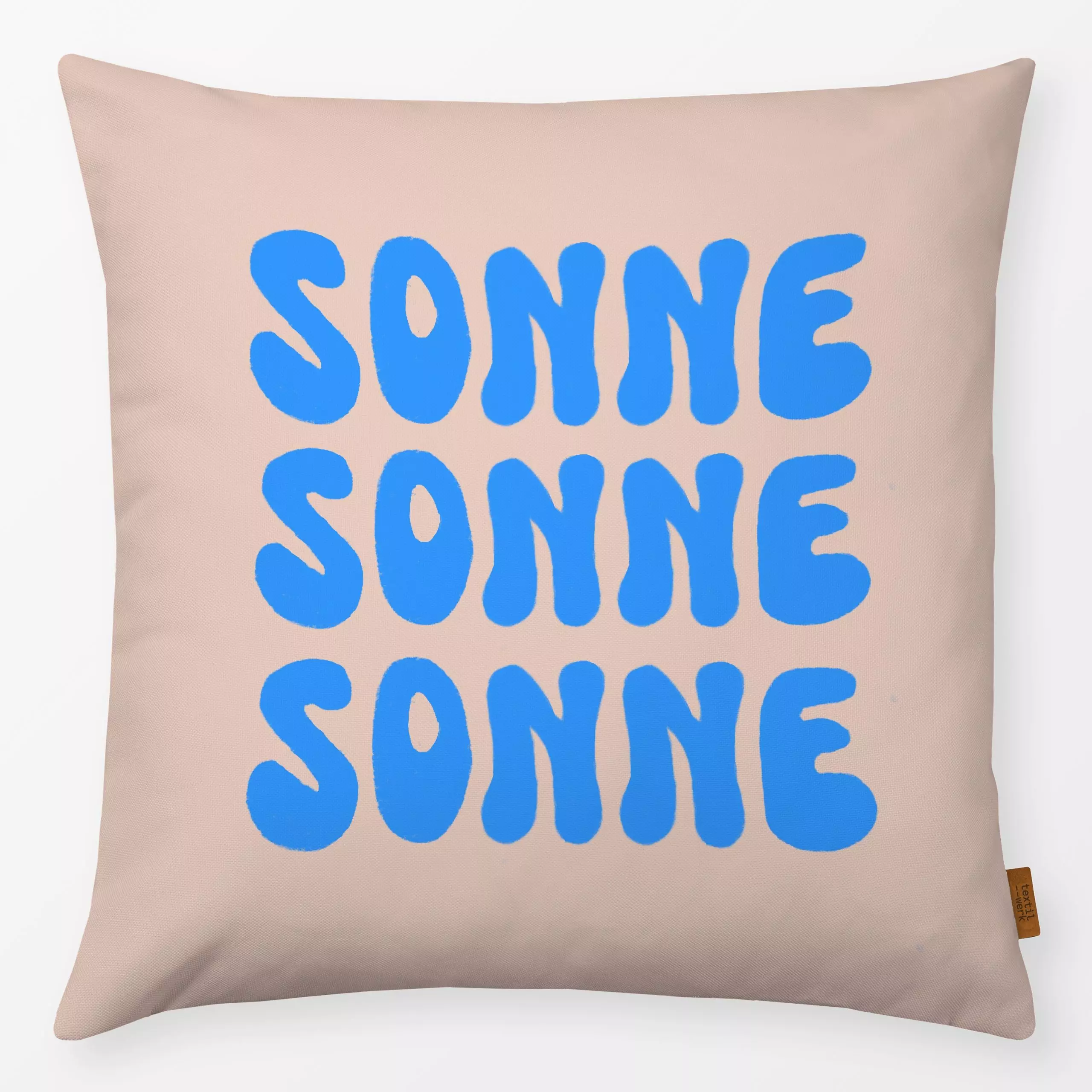 Kissen Sonne Schrift Azurblau Beige - Natur & Landschaft, Sommer, Sprüche & Schriftzüge - von „Alisa Knöß"; Sonne, maritim, ...