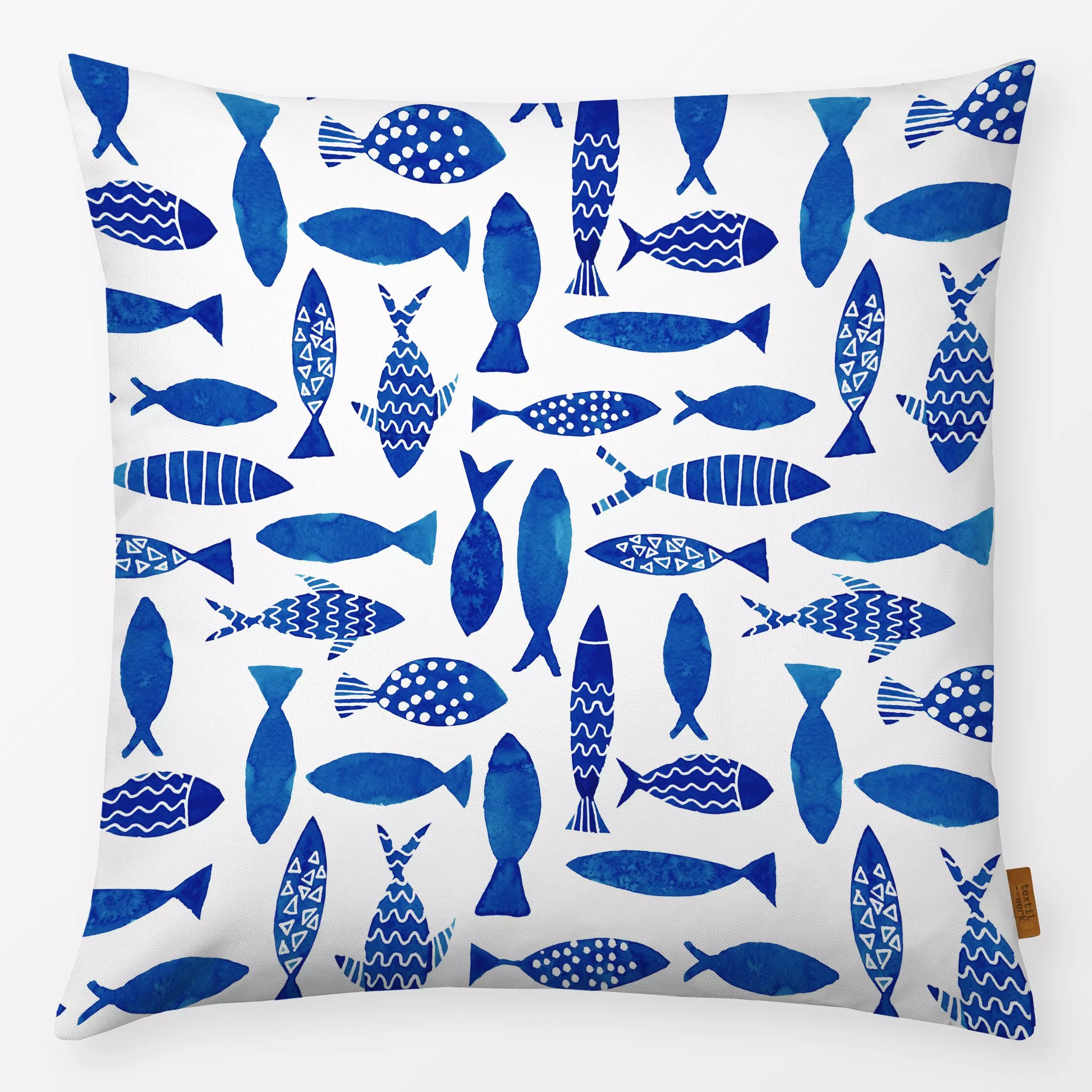 Kissen Fische Allover Blau Weiss - Sommer, Tiere - von „Mareen Heinz"; Aquarell, Meer, See, Fische, Kinderzimmer, Sommer, gr...