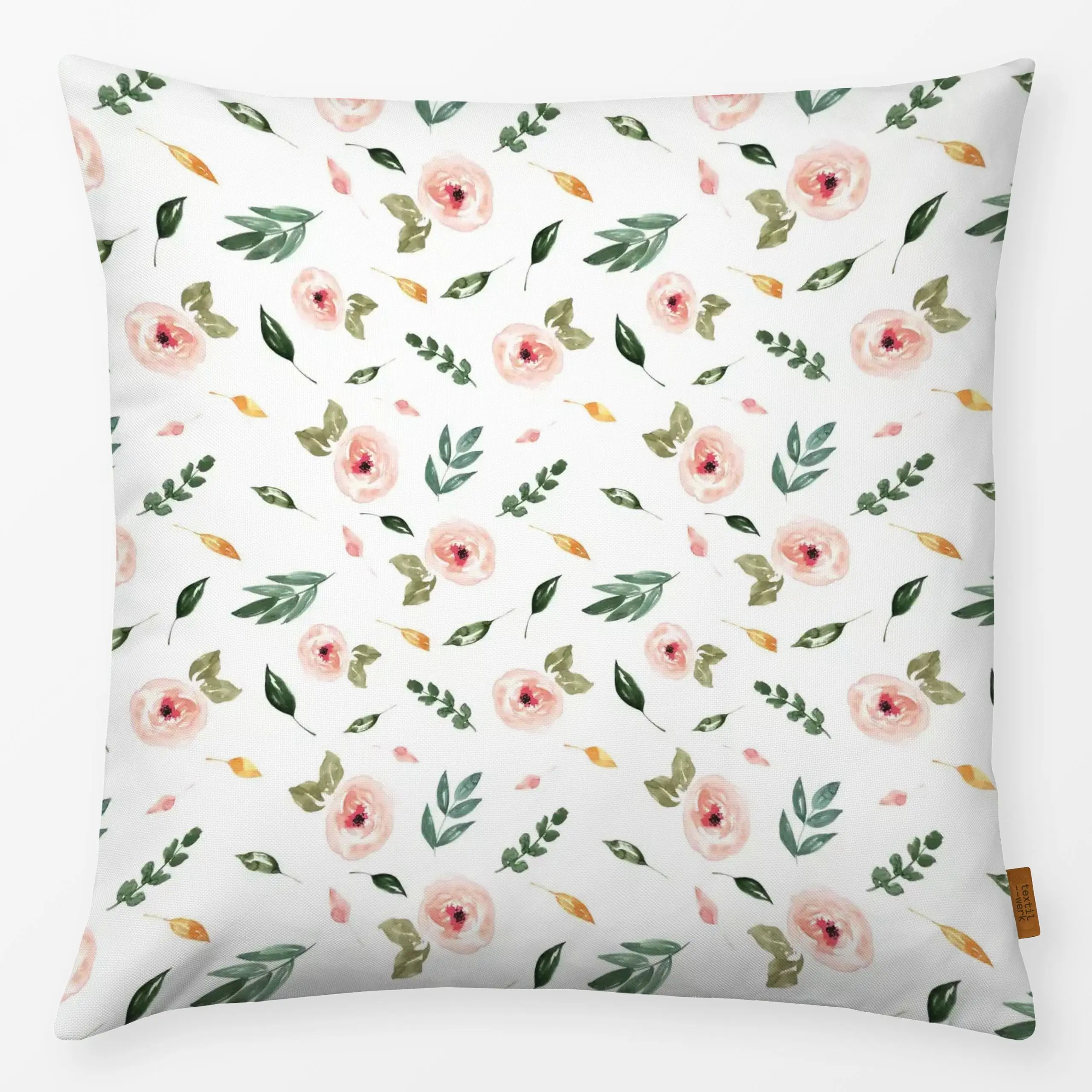 Kissen Little Misses Rosy Love - Blumen & Florales, Frühling - von „Lena Yokota"; Aquarell, rosa, Rosen, Pfingstrosen, Rosen...