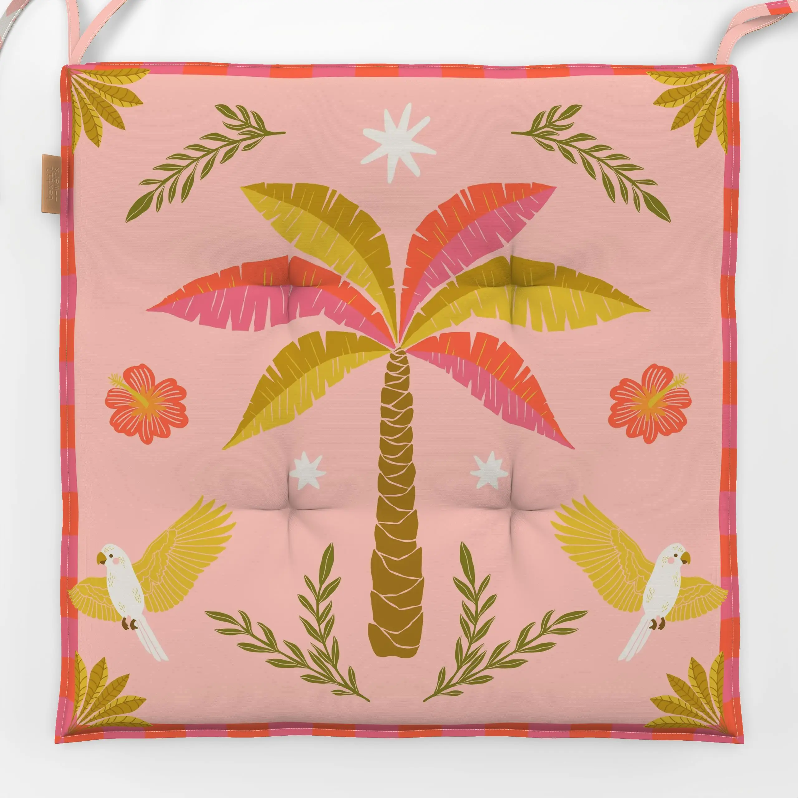 Sitzkissen Tropical Summer Palme Pink - Sommer, Pflanzen & Botanik - von „DEINKI Studio"; Papaya, Palmen, Papagei, tropical,...