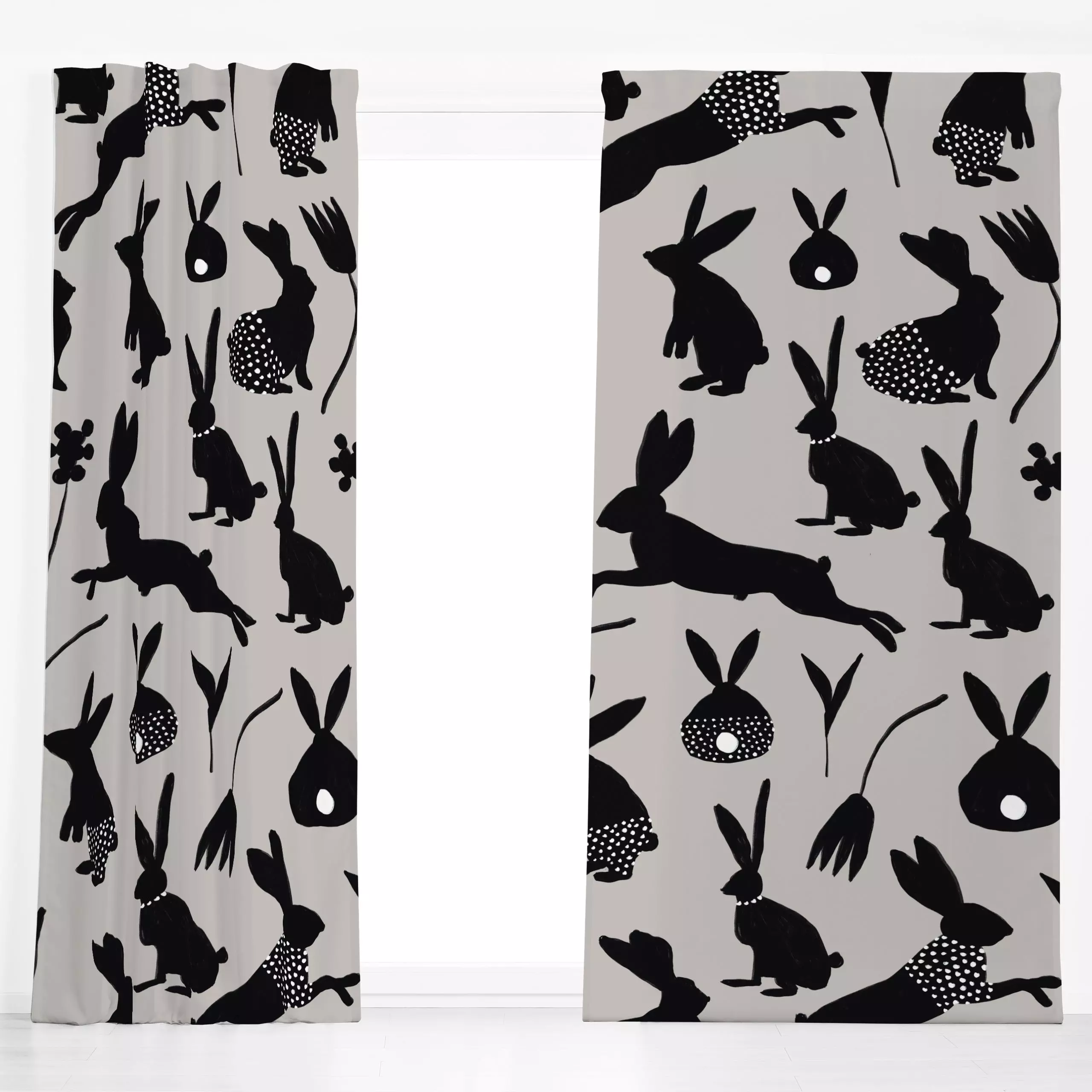 Dekovorhang Osterhasen gemustert Hellgrau - Frühling, Anlässe - von „Sophie Augustin Illustration"; Blumen, Ostern, Osterhas...
