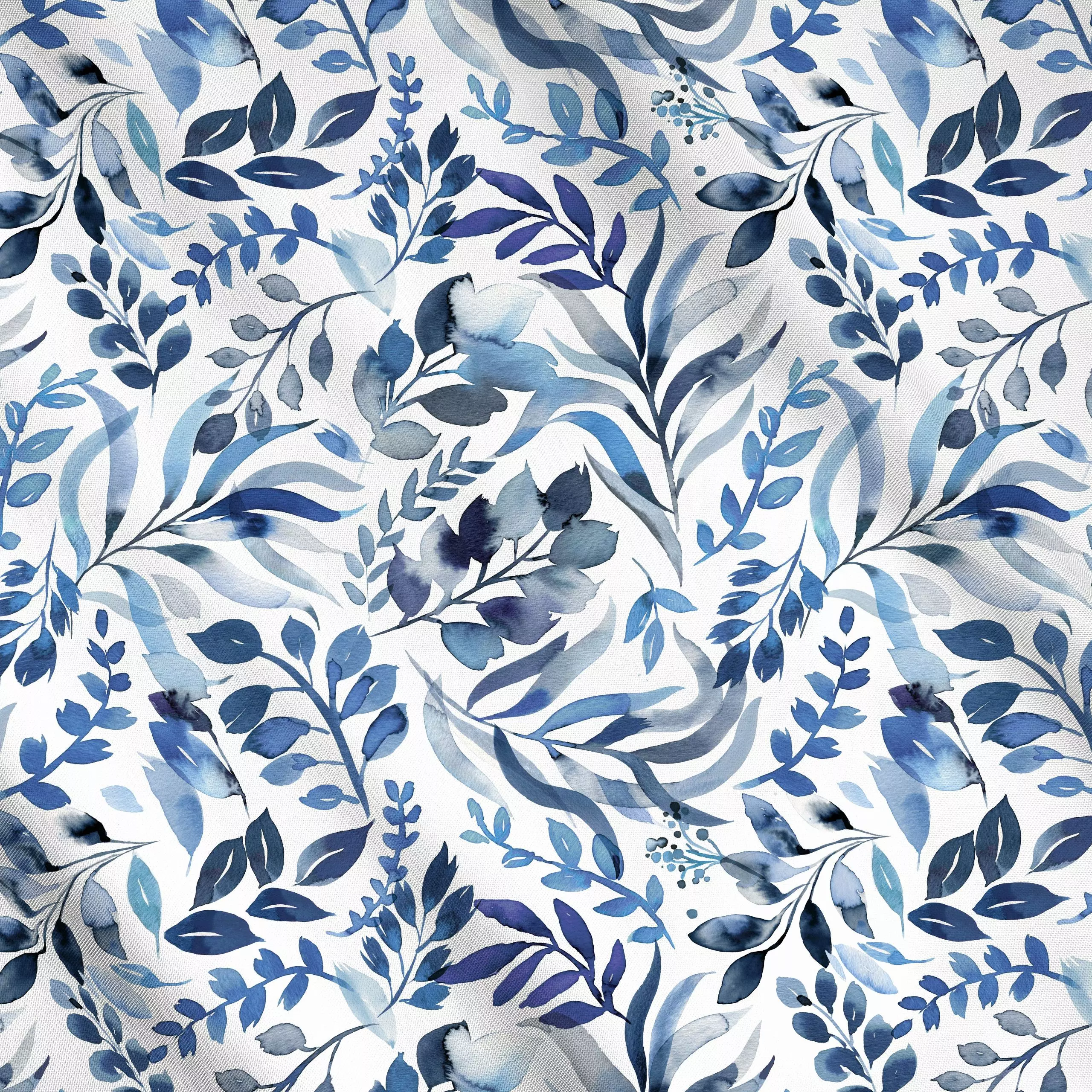 Meterware Watercolor Leaves Sea Blue, Blumen, tropisch, Sommer, von Ninola Design