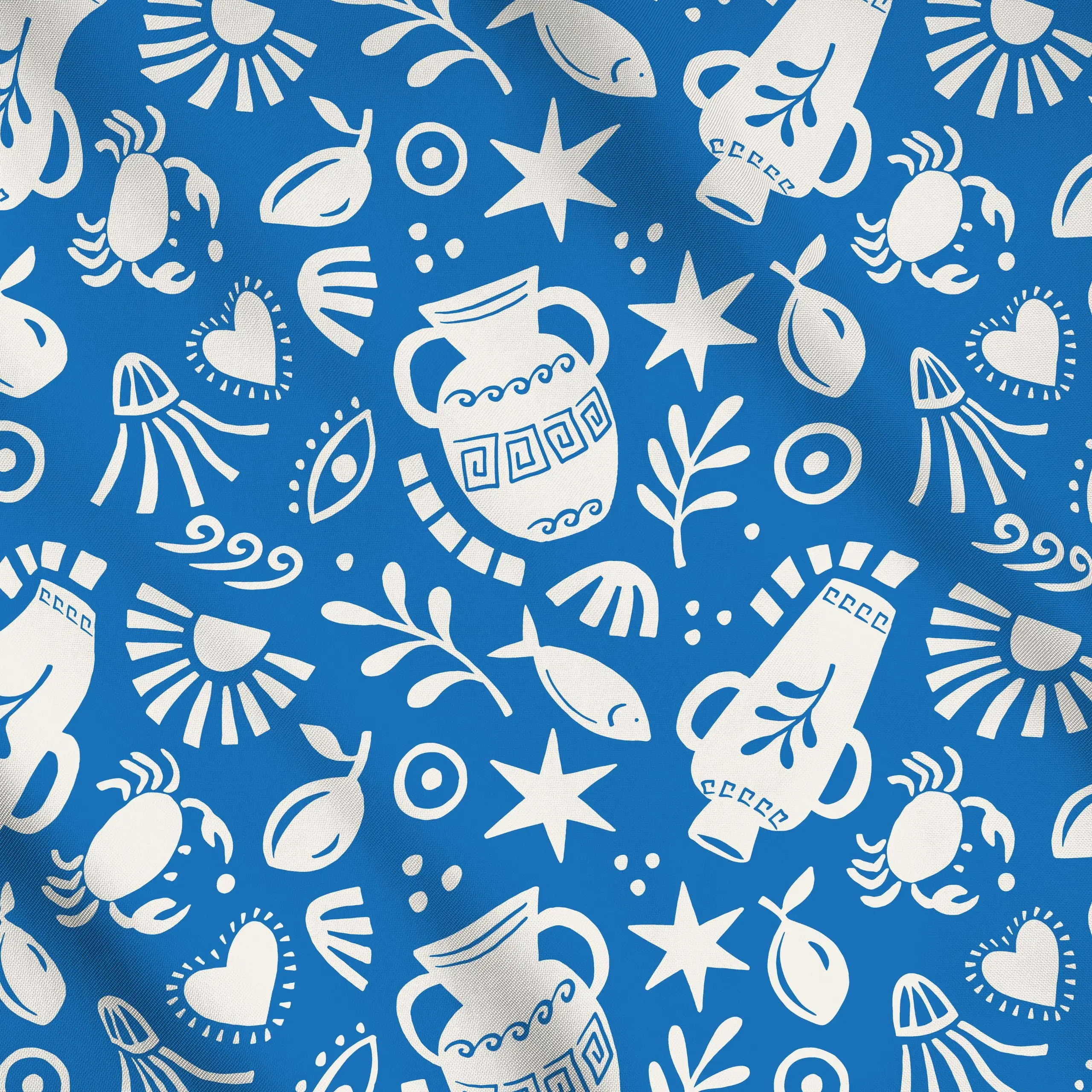 Meterware greek shapes - Sommer, Symbole & Muster - von „Vivian Hasenclever"; Meer, Fische, Sommer, mediterran, handgezeichn...