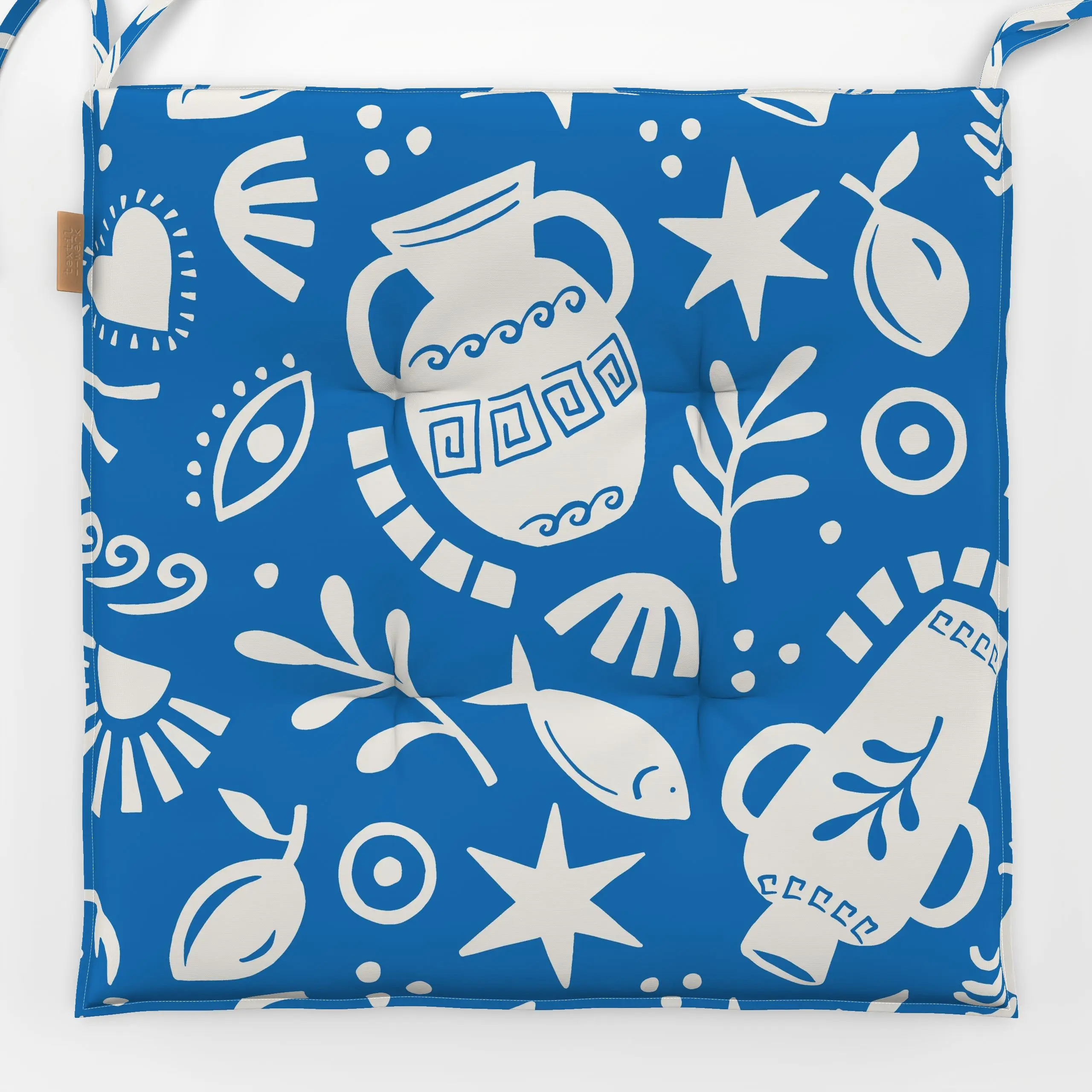 Sitzkissen greek shapes - Sommer, Symbole & Muster - von „Vivian Hasenclever"; Meer, Fische, Sommer, mediterran, handgezeich...