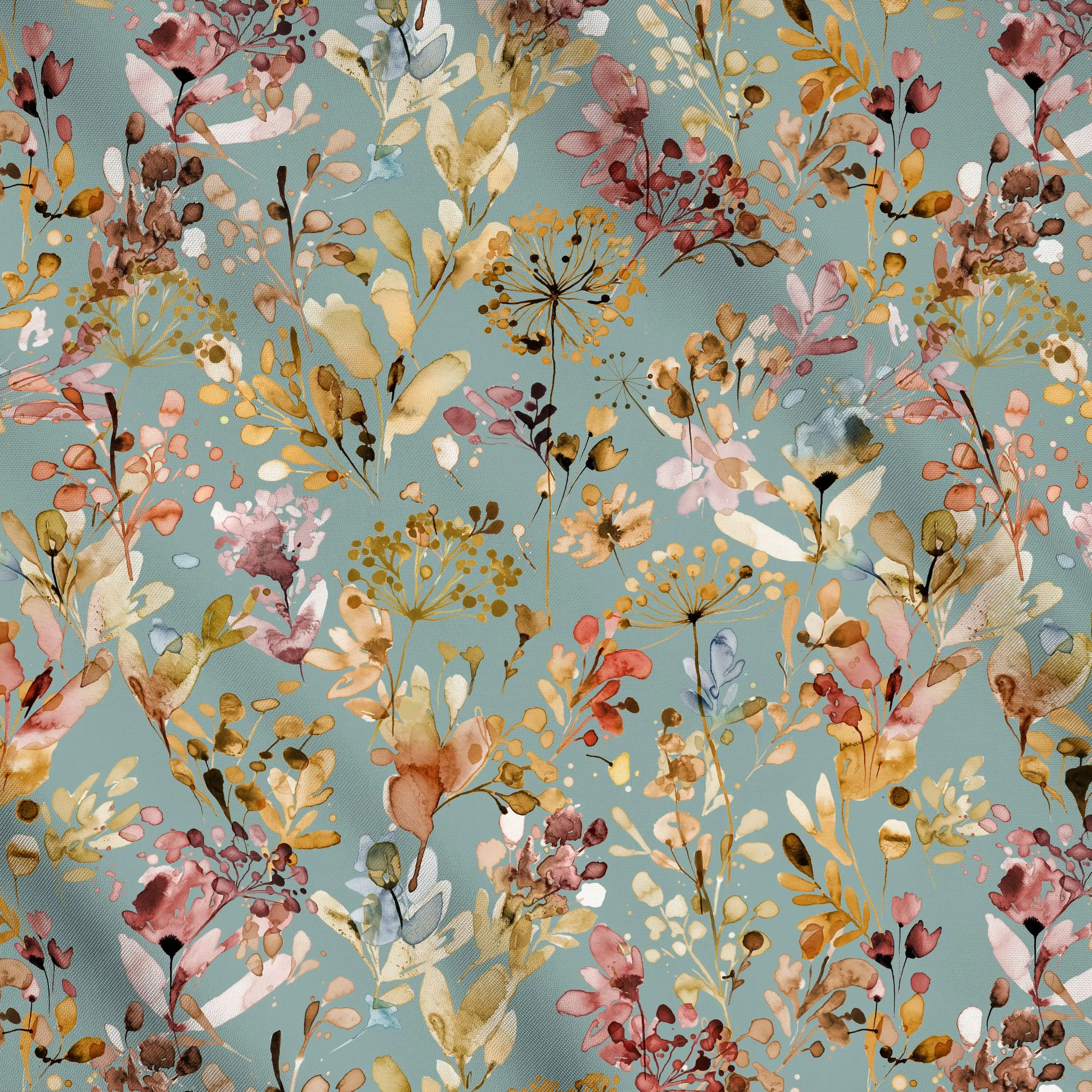 Meterware Wild Grasses Boho Gold Teal - Blumen & Florales, Herbst - von „Ninola Design "; Wasserfarben, Aquarell, Natur, Blä...