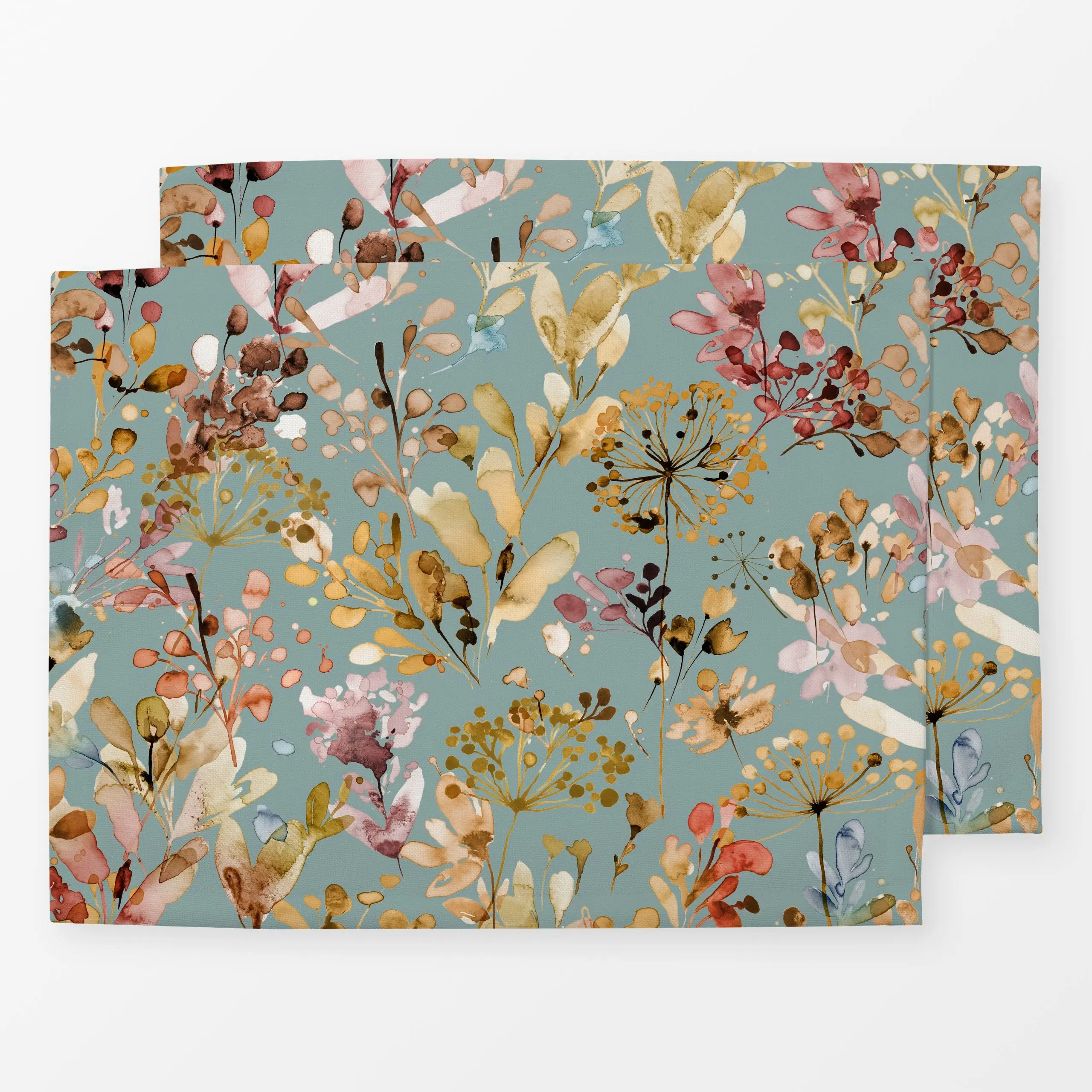 Tischset Wild Grasses Boho Gold Teal - Blumen & Florales, Herbst - von „Ninola Design "; Wasserfarben, Aquarell, Natur, Blät...