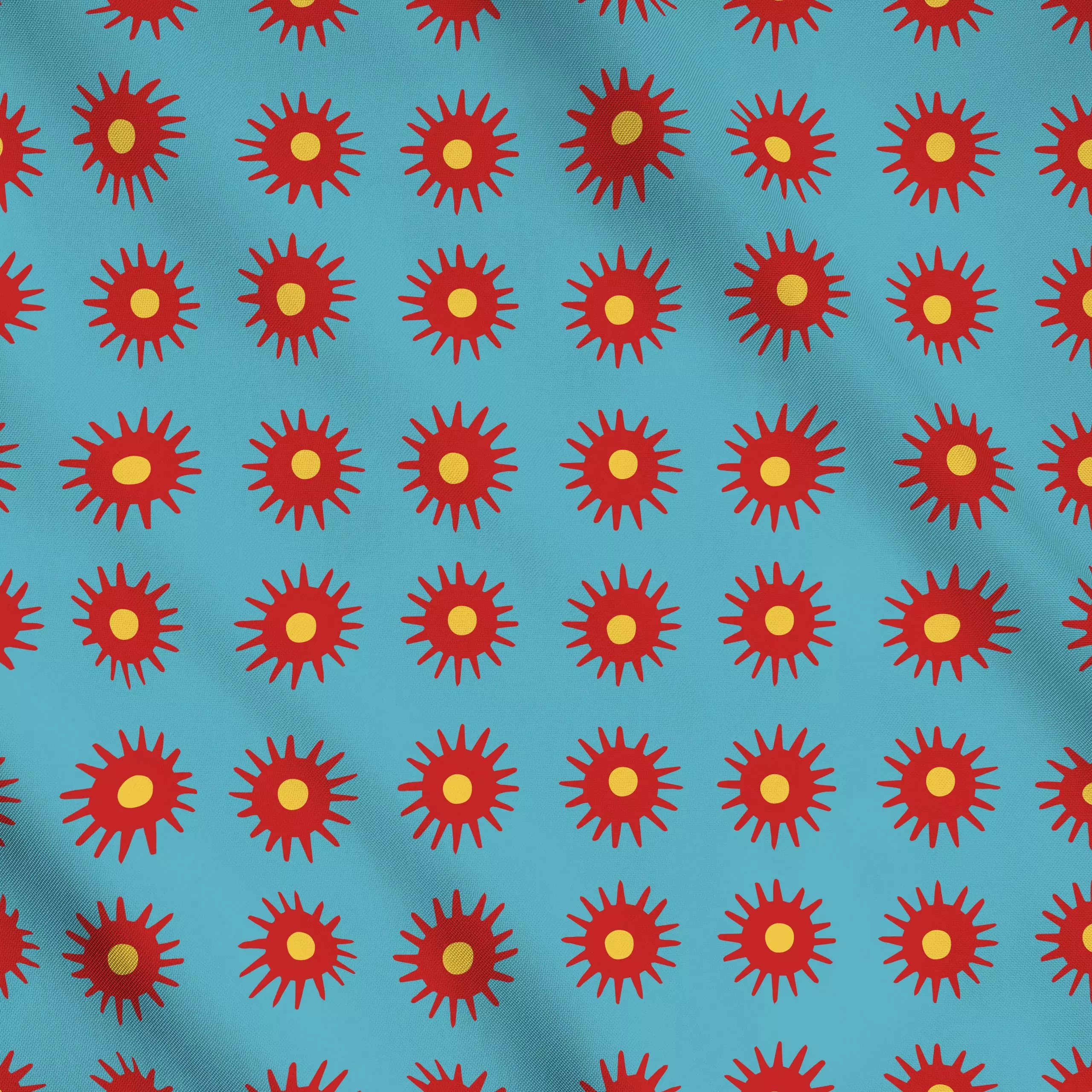Meterware Rote Sonnensterne auf türkis - Symbole & Muster - von „Andrea Liesert"; abstrakt, Sonnenaufgang, Ethno, Afrika, fa...