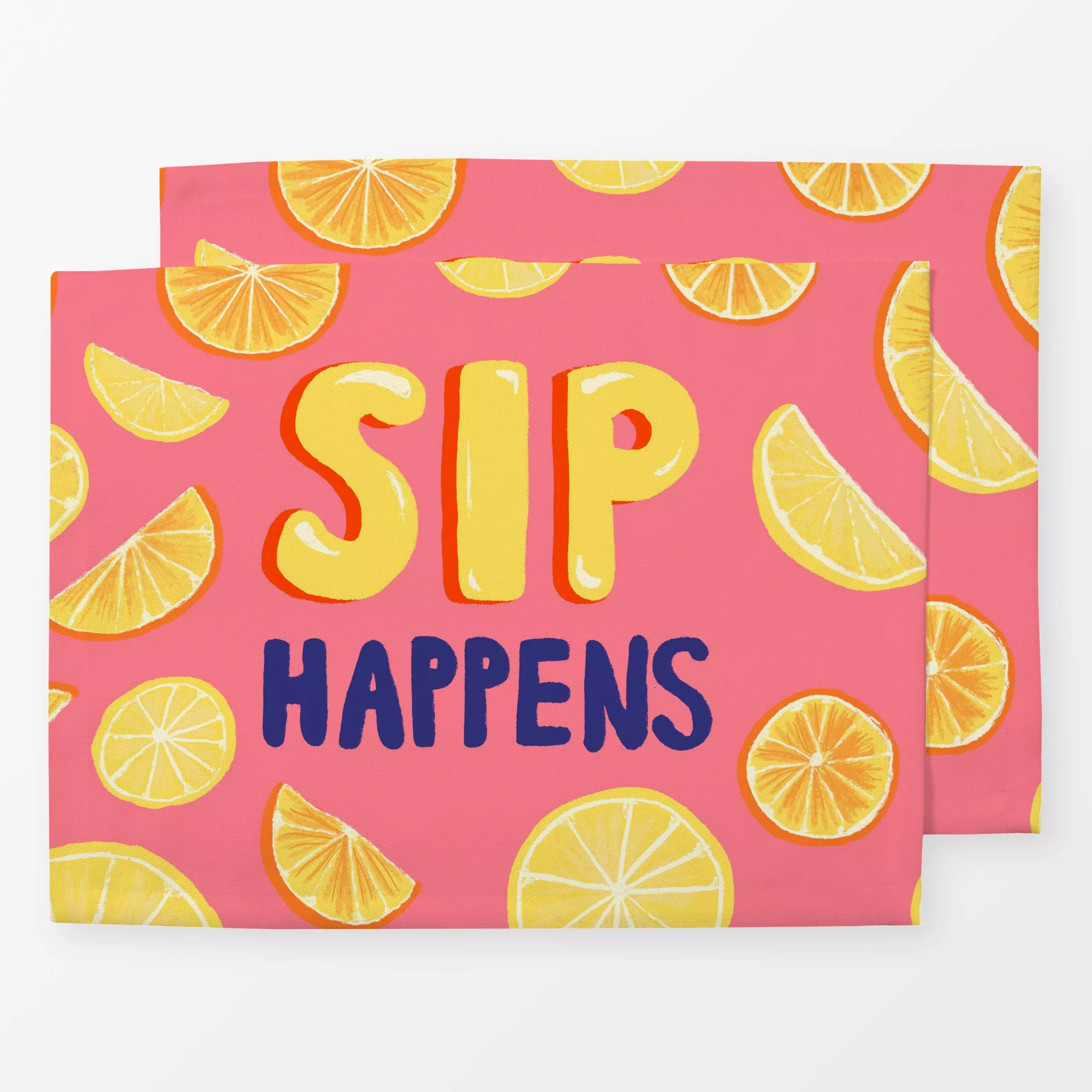 Tischset Sip happens - Sommer, Sprüche & Schriftzüge, Früchte - von „Studio Dolci“; Frucht, rosa, Orange, Zitrone, Sommerlic...