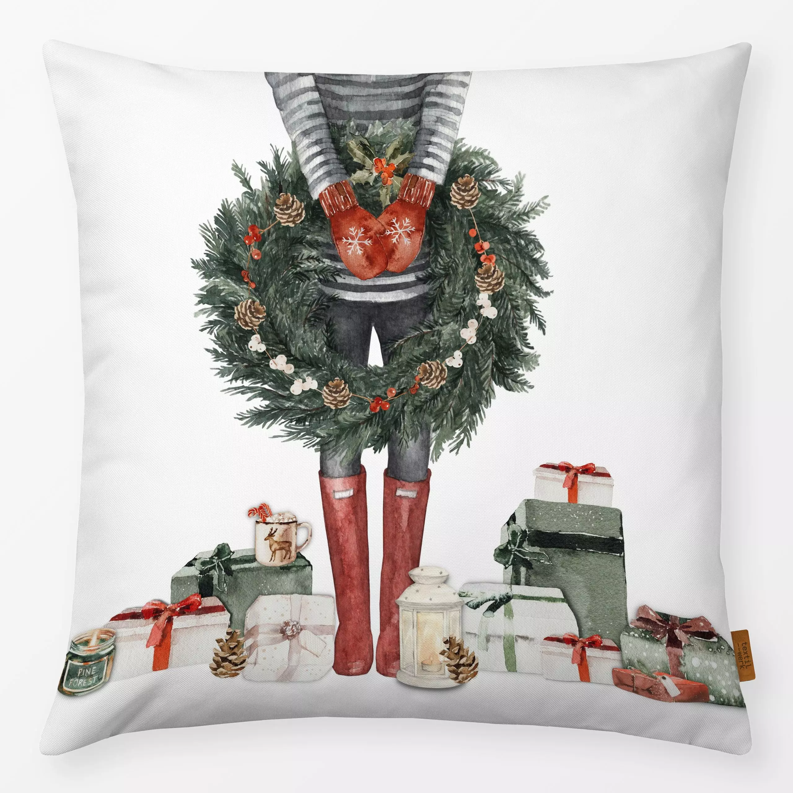 Kissen Cottage Christmas Girl - Weihnachten, Winter, Anlässe - von „Monika Strigel"; Wasserfarben, Hygge, Cozy, Weihnachten,...