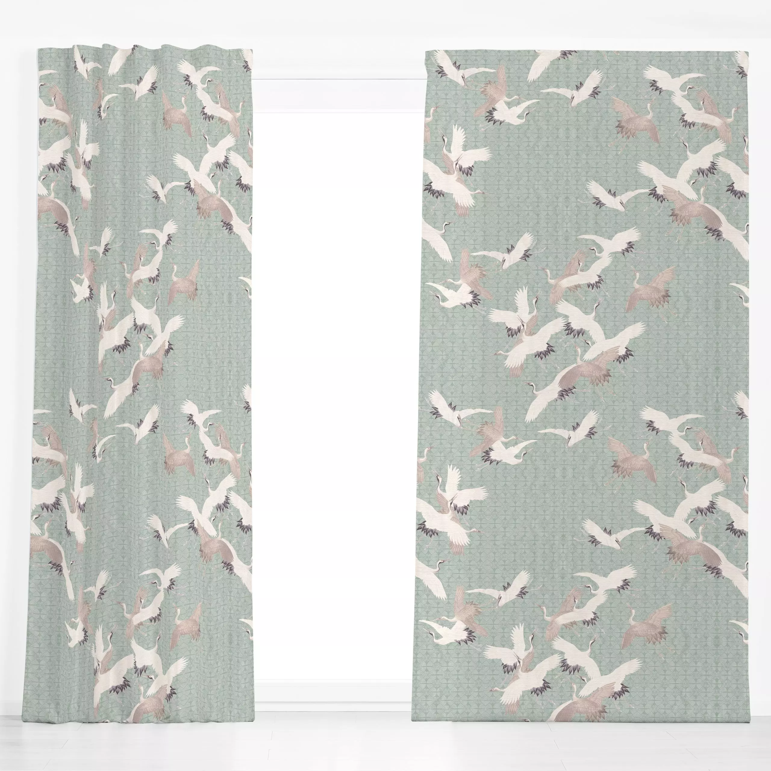Dekovorhang Japanese Birds sage green - Tiere, Symbole & Muster - von „Bloomery Decor"; Vogel, Salbei, geometric, green, spr...