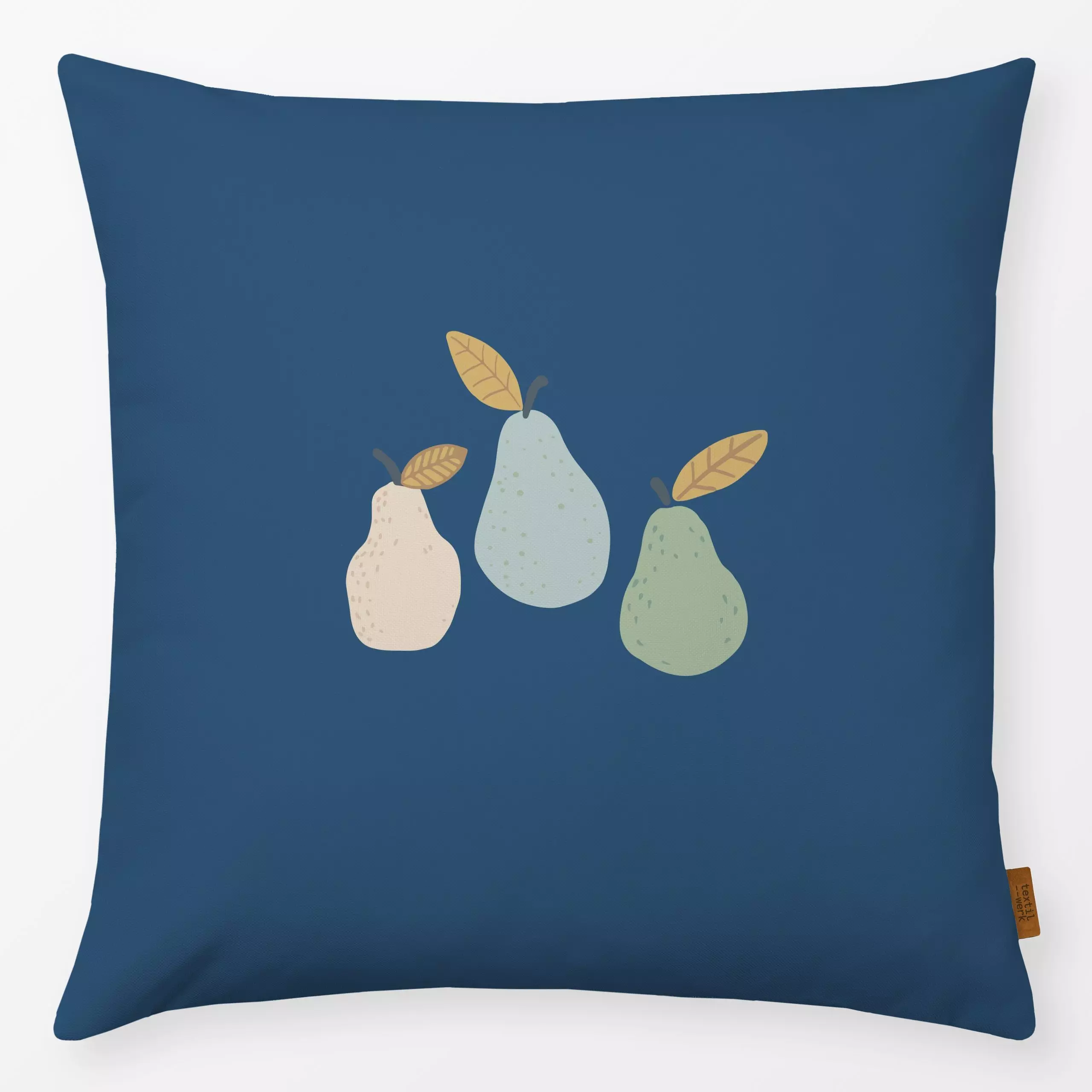 Kissen 3 Birnen blau - von „Katrin Graff"; Obst, Birne, grafisch, minimalistisch, Pastell, cute, herbstlich, navyblue, slow,...