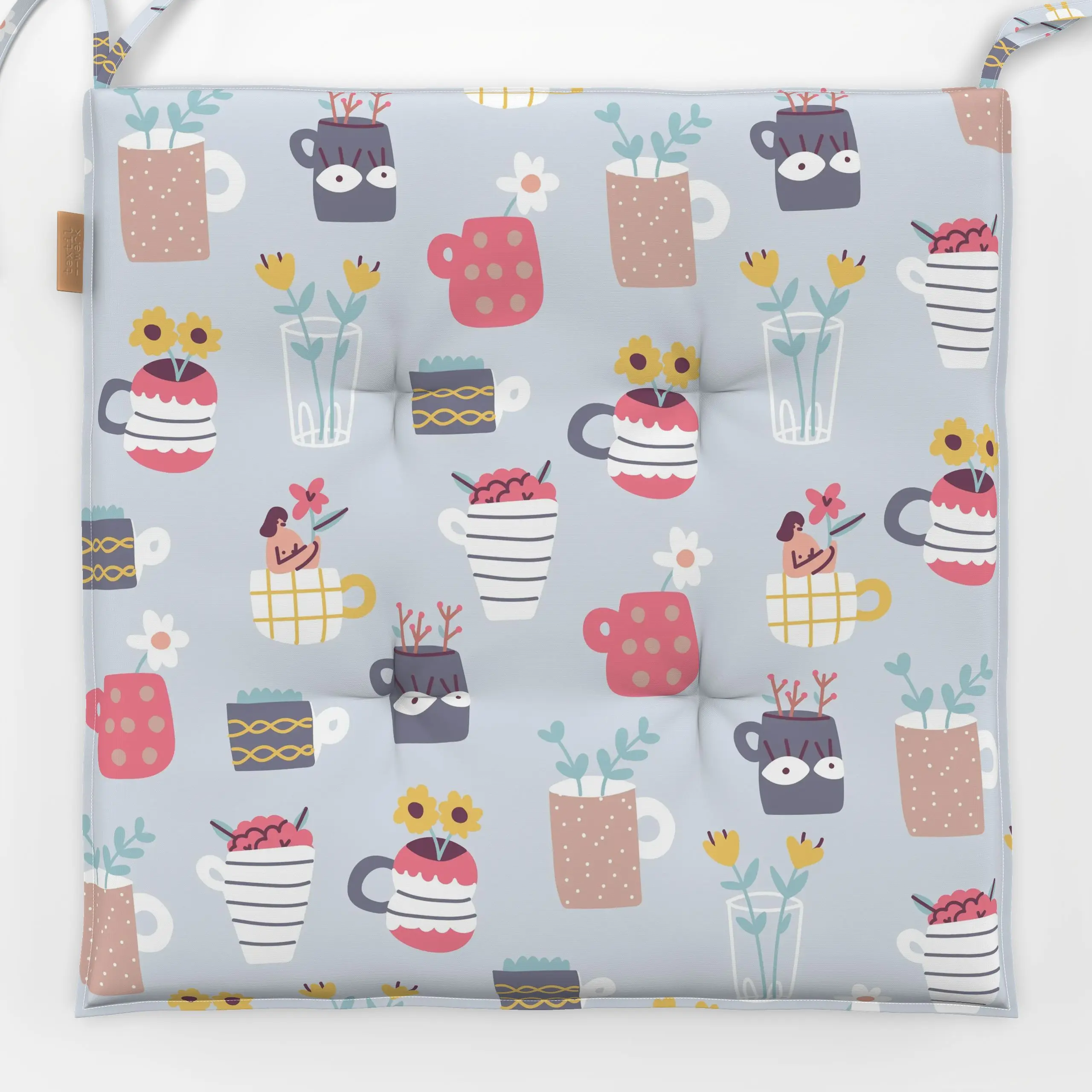 Sitzkissen Mugs and Pots - Blumen & Florales - von „Sara Maese"; Blumen, floral, pattern, flowers, cute, Topfpflanze, Tassen...