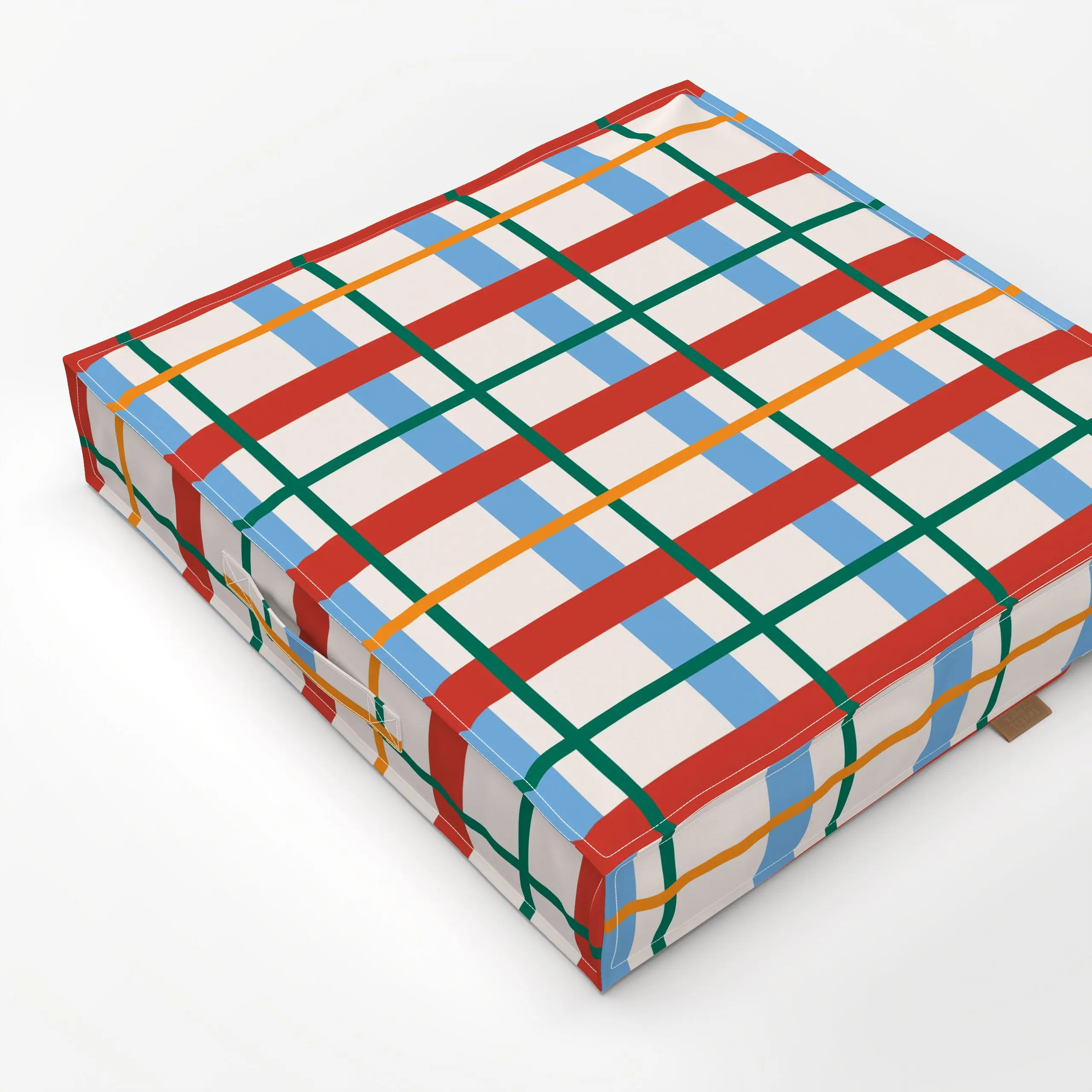 Bodenkissen Christmas Plaid - Weihnachten, Symbole & Muster - von „Jana Driver"; Orange, beige, blau, Karo, rot, bunt, karie...