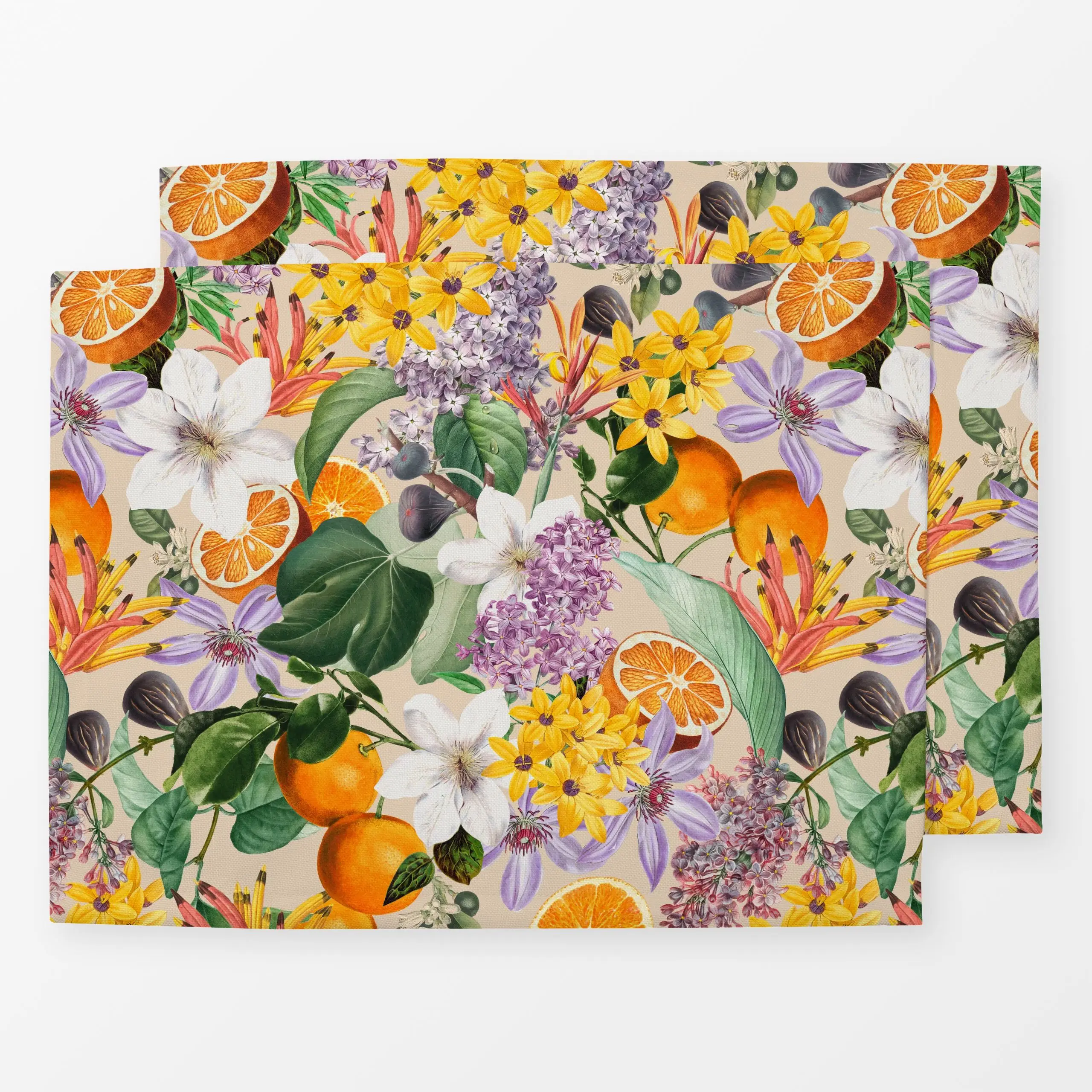 Tischset Orangen im Blütenmeer beige, Blumen, tropisch, Früchte, Sommer, von Uta Naumann