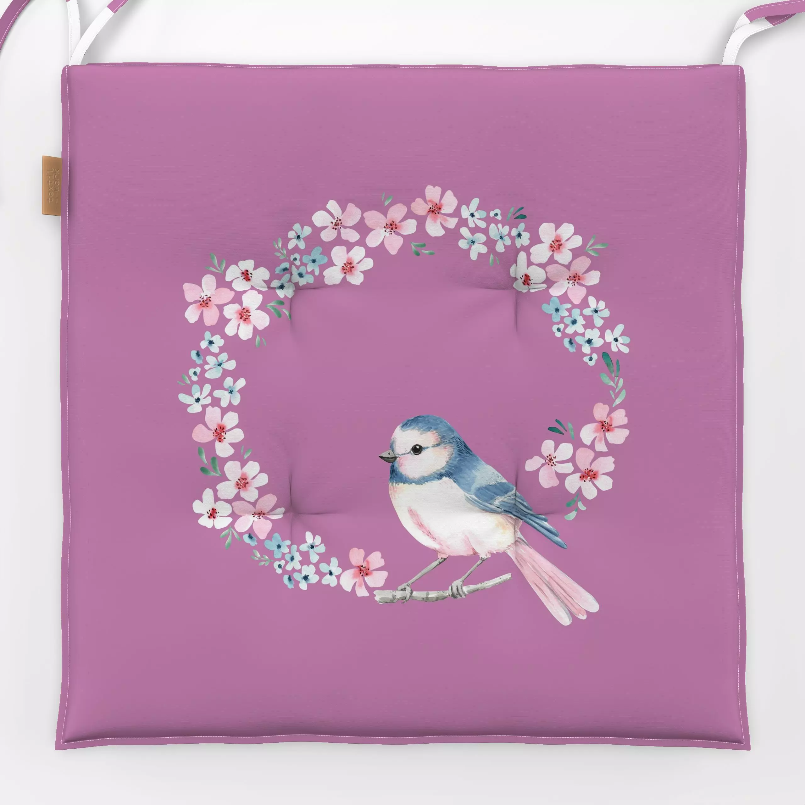 Sitzkissen Blumenkranz Vogel pink - Blumen & Florales, Frühling, Tiere, Ostern - von „Katrin Graff"; Garten, verspielt, Somm...