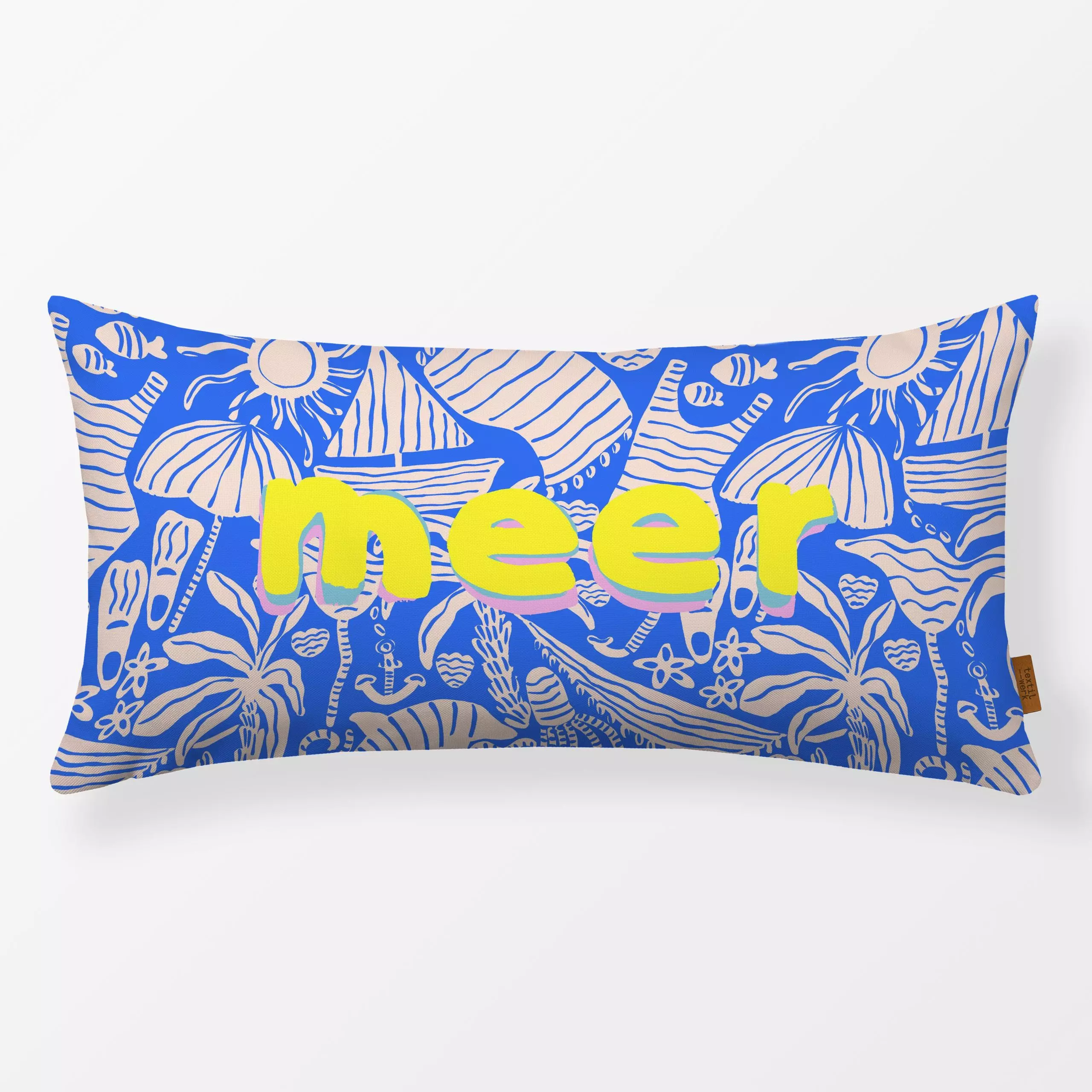 Kissen Meer - Sommer, Sprüche & Schriftzüge, Reise - von „Julia Schumacher"; Fische, Boot, Seestern, Qualle, anker, Krebs, D...