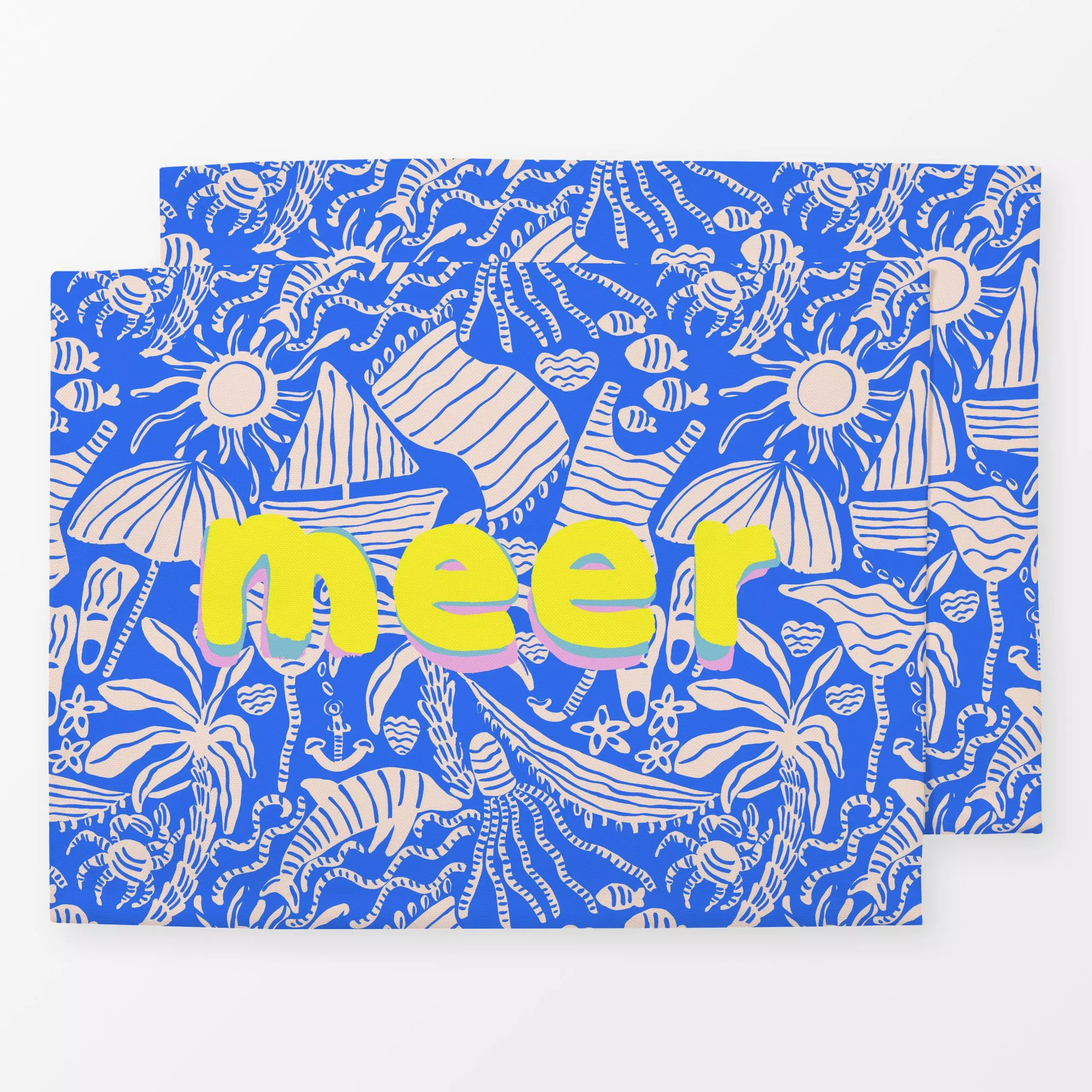 Tischset Meer - Sommer, Sprüche & Schriftzüge, Reise - von „Julia Schumacher"; Fische, Boot, Seestern, Qualle, anker, Krebs,...