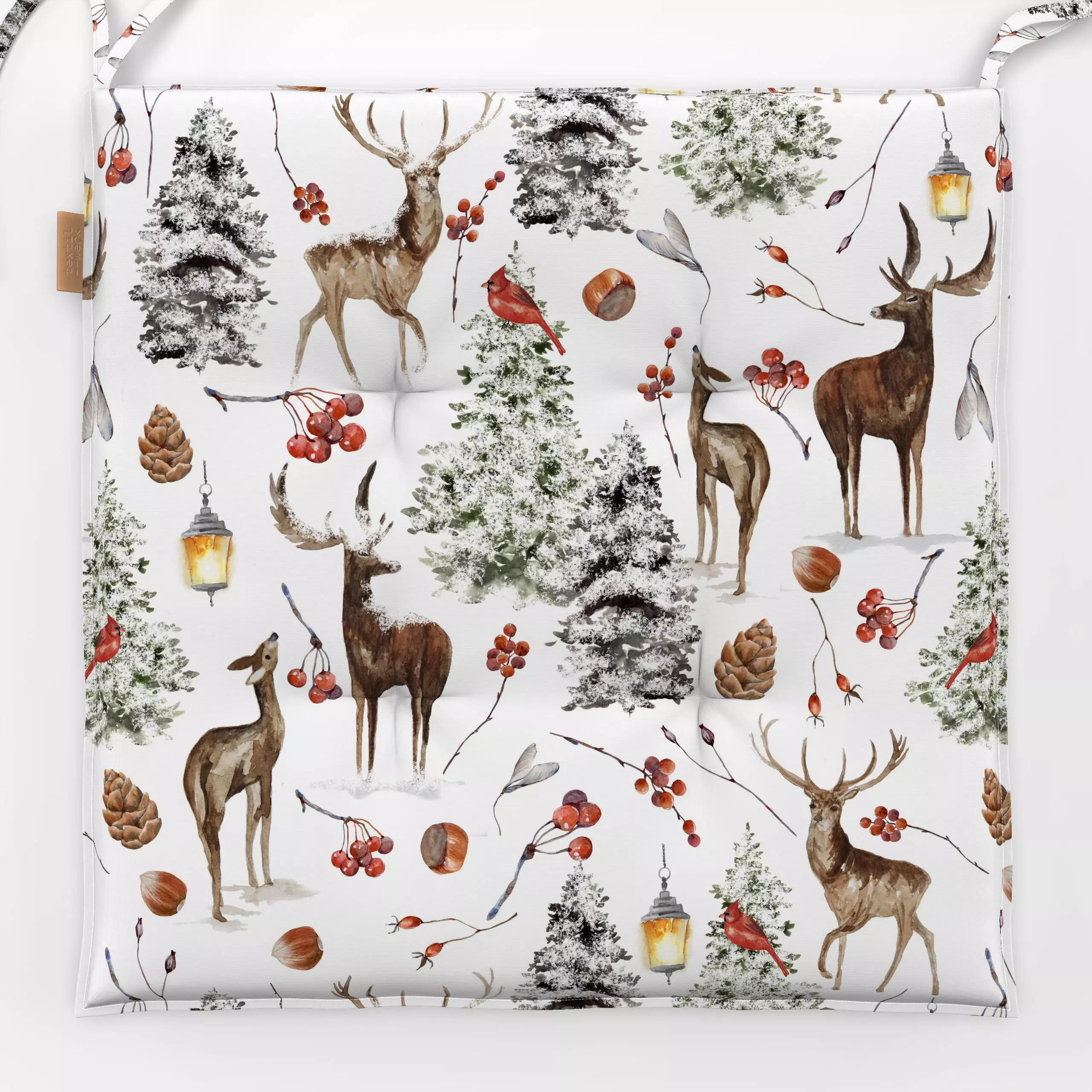 Sitzkissen Winterweiße Weihnacht Rentiere - Tiere, Weihnachten, Winter - von „Uta Naumann"; Muster, Wasserfarben, Tanne, Bee...