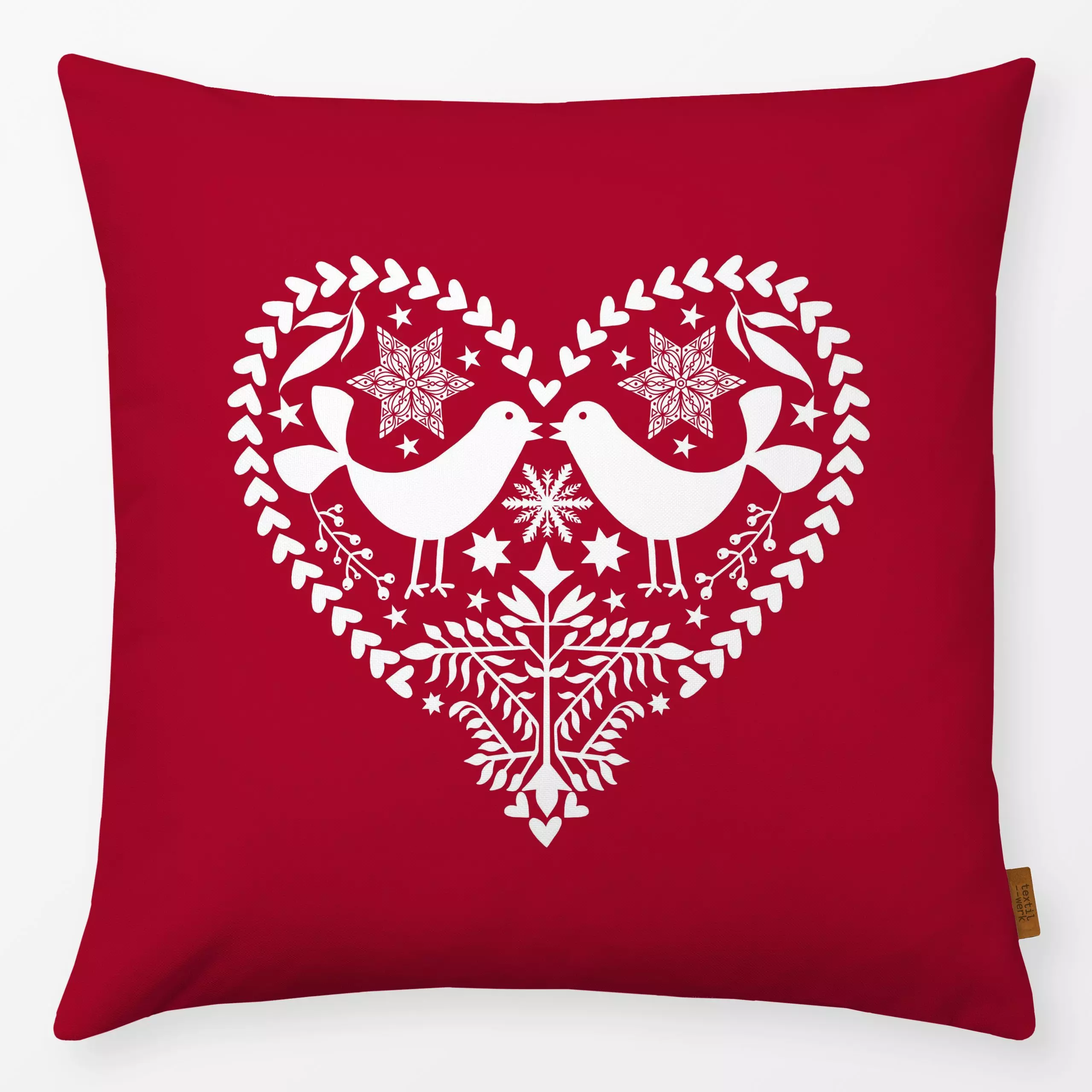 Kissen Folk Art Xmas Heart Red - Weihnachten - von „Andrea Haase"; skandinavisch, Hygge, Vogel, Herzen, Weihnachten, Nordisc...