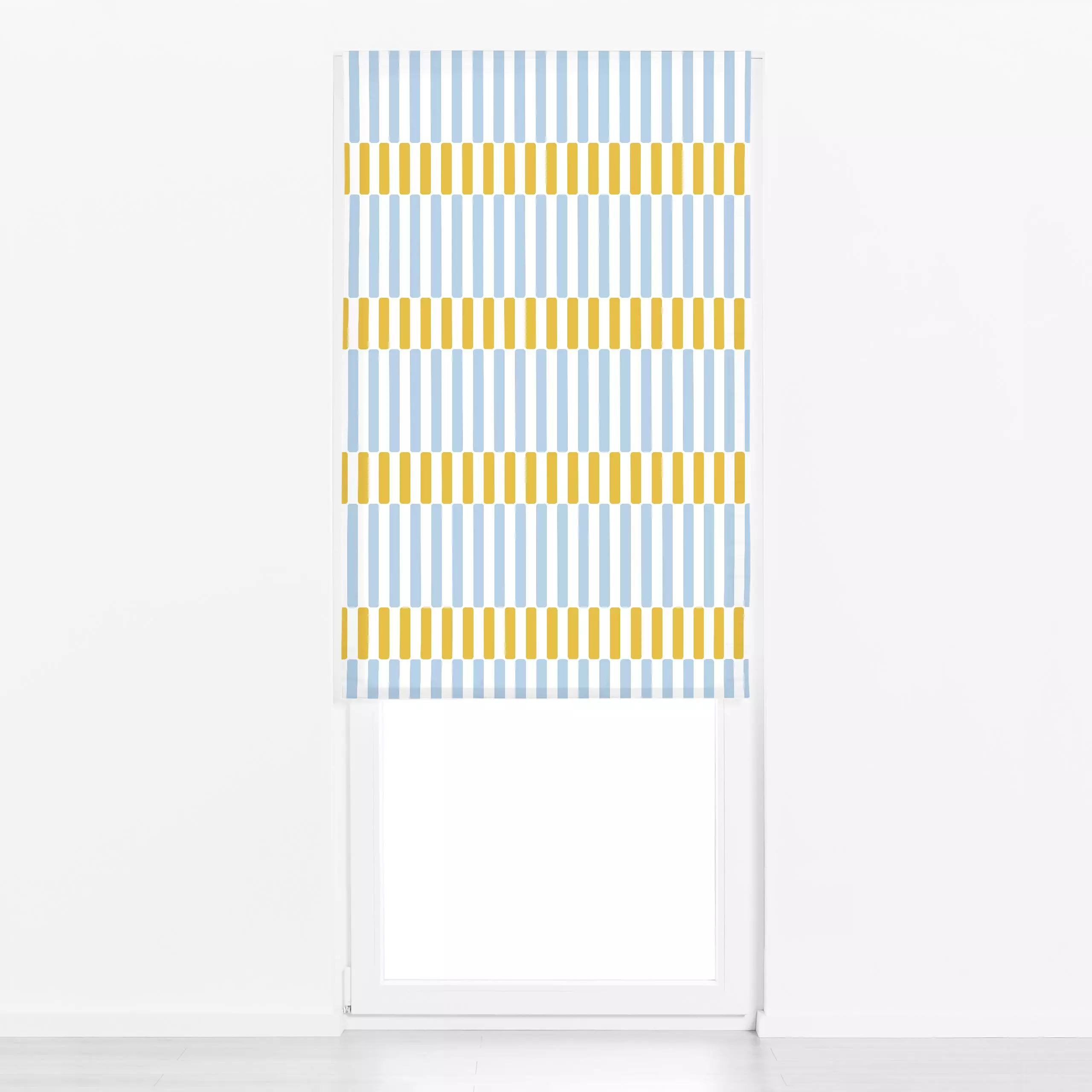 Raffrollo Runde Steifen blau gelb - Symbole & Muster - von „Katrin Graff"; Streifen, Kinderzimmer, gelb, frisch, gestreift, ...