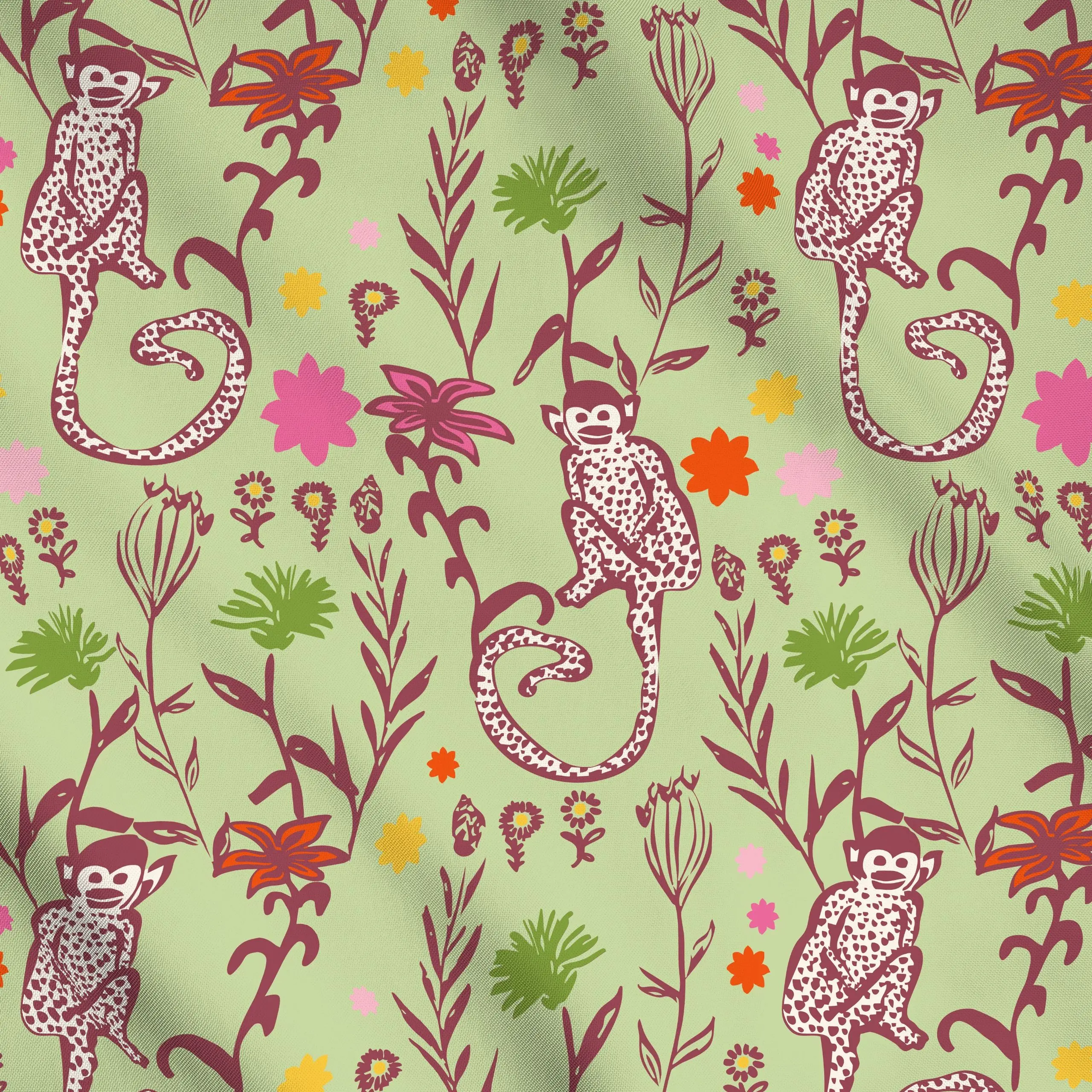 Meterware Monkey Green - Blumen & Florales, Sommer, Tiere - von „Patries Elisabeth"; Affe, Wildtiere, tropisch, tropical, Ju...