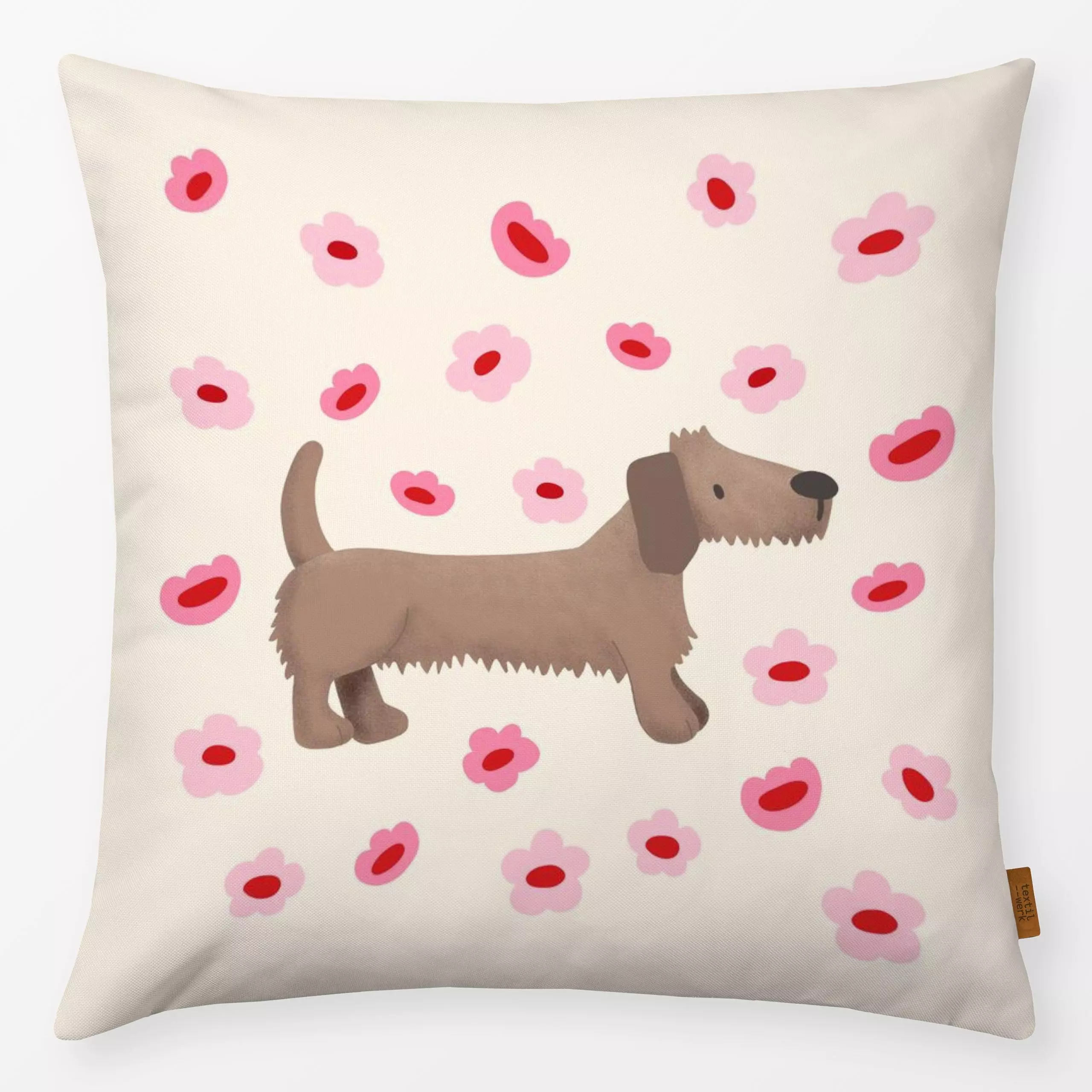 Kissen Frühlingspfoten Dackel Ecru - Kinderzimmer & Motive für Kinder, Tiere - von „Andrea Liesert"; verspielt, farbenfroh, ...