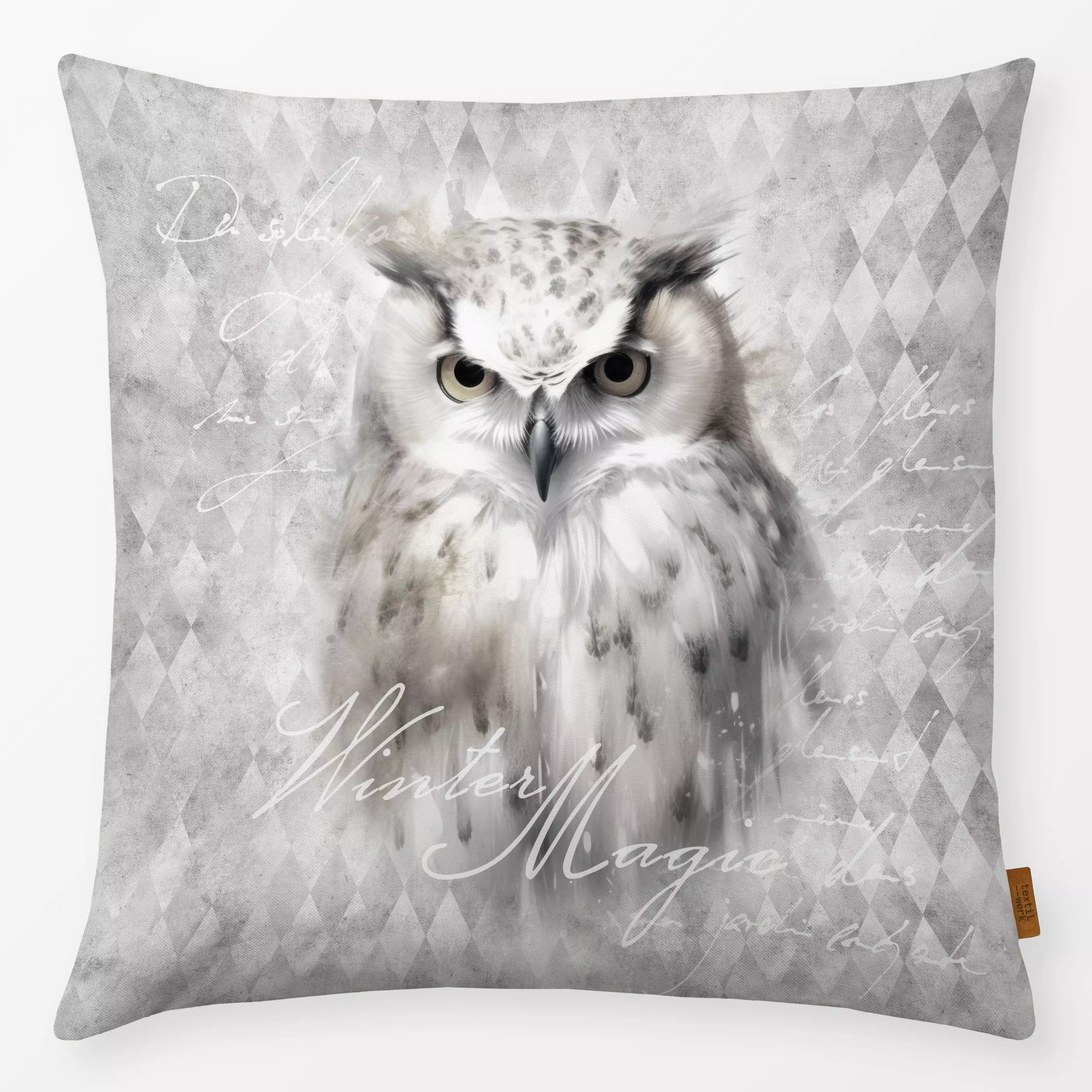 Kissen Owl Winterwonderland - Tiere, Winter - von „Andrea Haase"; Natur, grau, Wildtiere, Eule, monochrom, schrift, Jahresze...