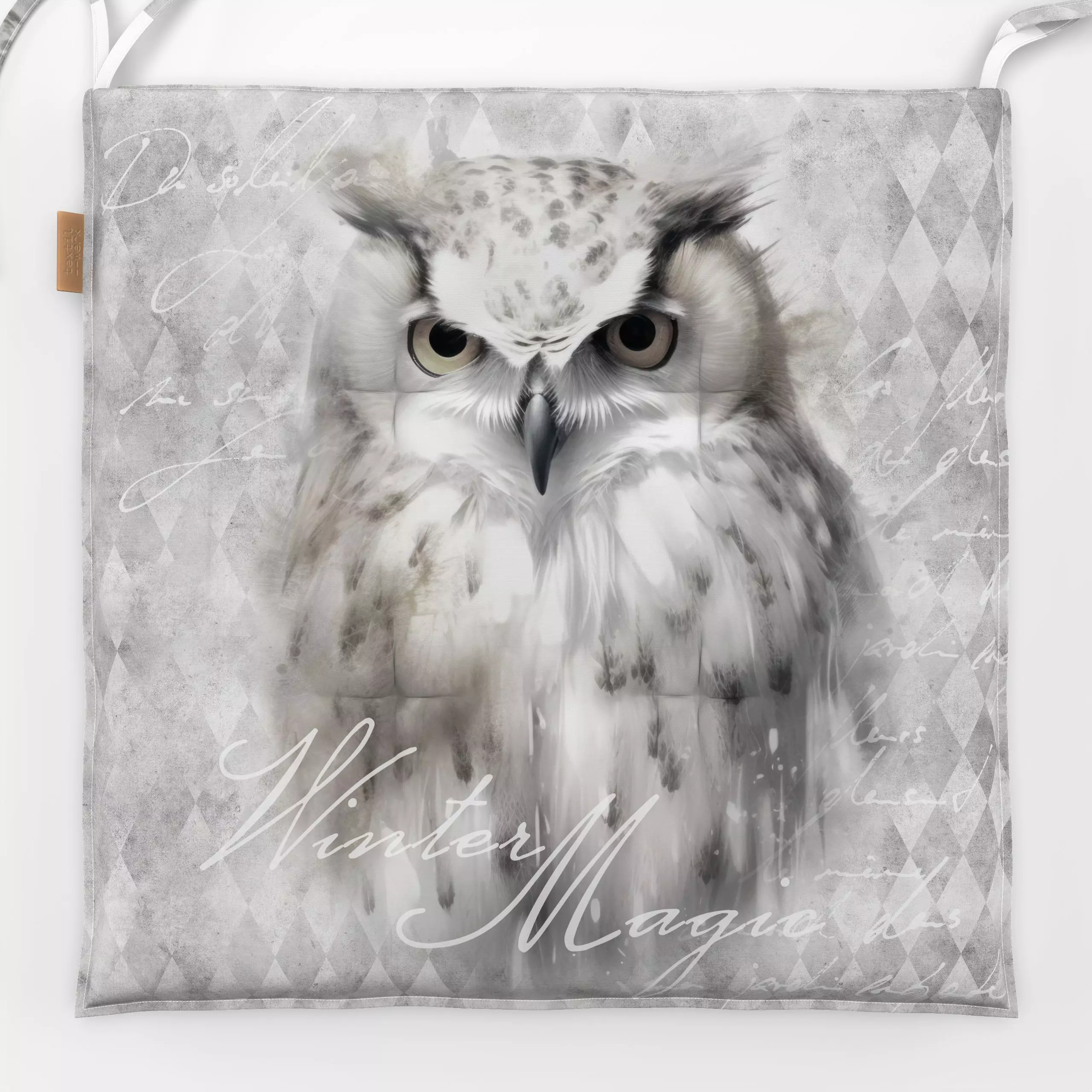 Sitzkissen Owl Winterwonderland - Tiere, Winter - von „Andrea Haase"; Natur, grau, Wildtiere, Eule, monochrom, schrift, Jahr...