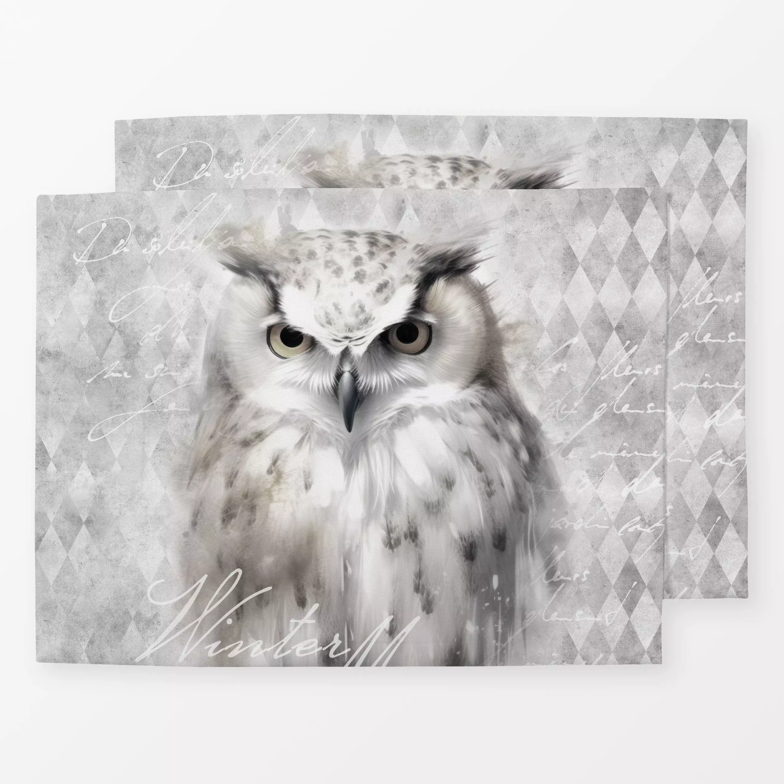 Tischset Owl Winterwonderland - Tiere, Winter - von „Andrea Haase"; Natur, grau, Wildtiere, Eule, monochrom, schrift, Jahres...