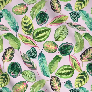 Meterware Tropische Blätter Grün Rosa