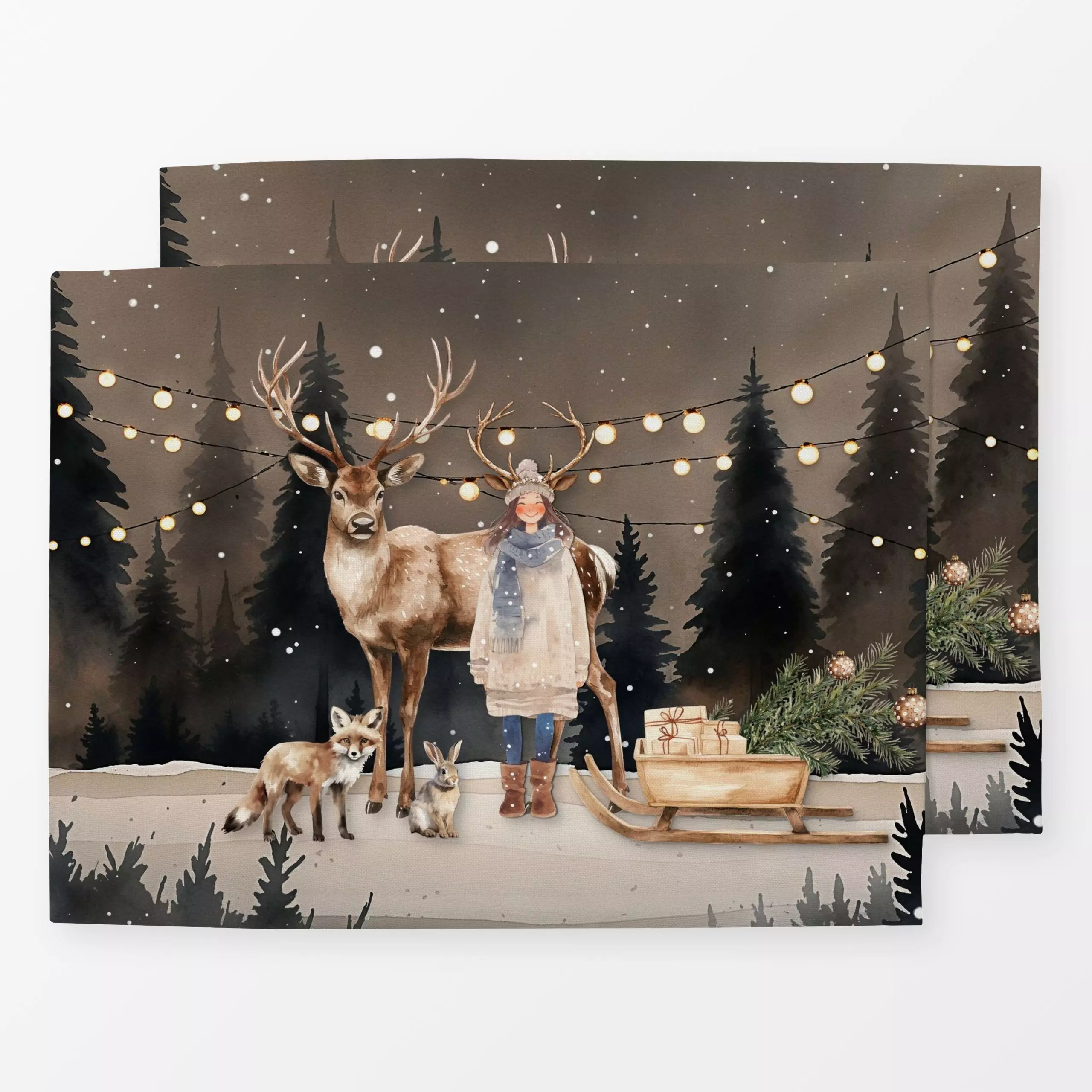 Tischset Cozy XMas Waldweihnachten - Tiere, Weihnachten, Winter - von „Monika Strigel"; Wald, Fuchs, Rentier, Hirsch, Schnee...
