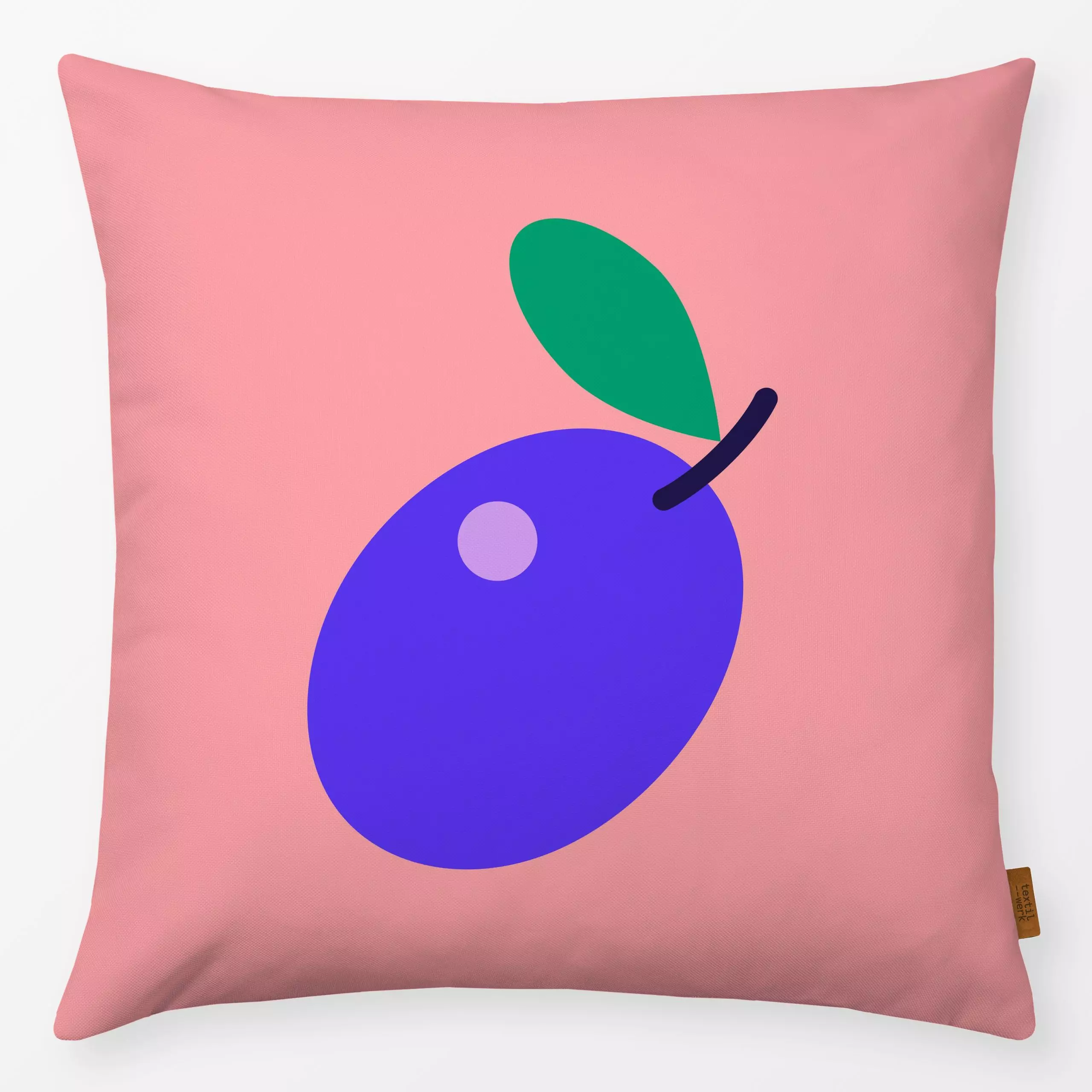 Kissen Fun Plum - Frühling, Sommer, Früchte - von „Julia Schumacher"; Frucht, Obst, grafisch, rund, fun, Pflaume, gaming, Zw...
