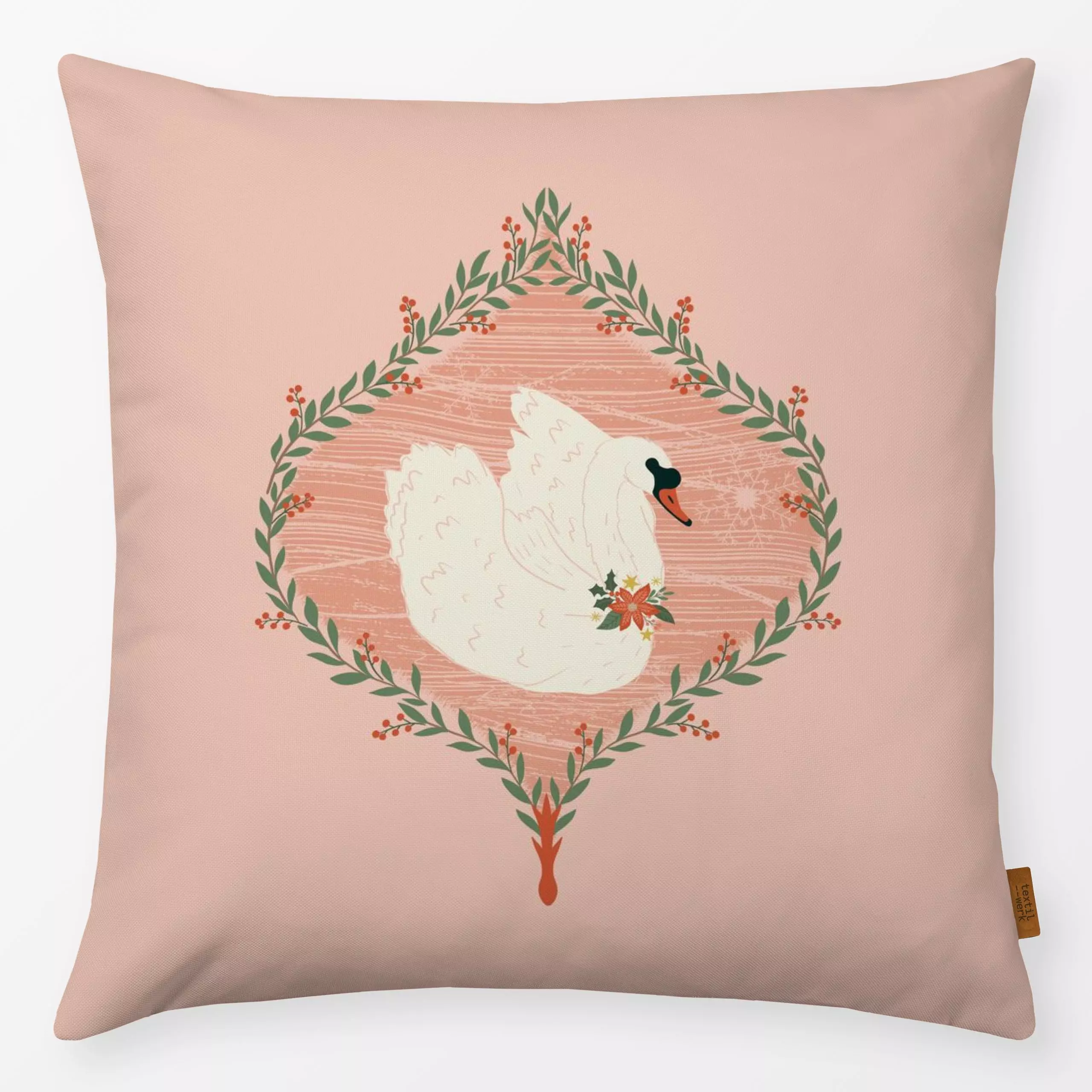 Kissen Weihnachtskranz Schwan Rosa - Weihnachten, Winter - von „DEINKI"; Schnecke, Schwan, Schneeflocken, Weihnachten, weihn...