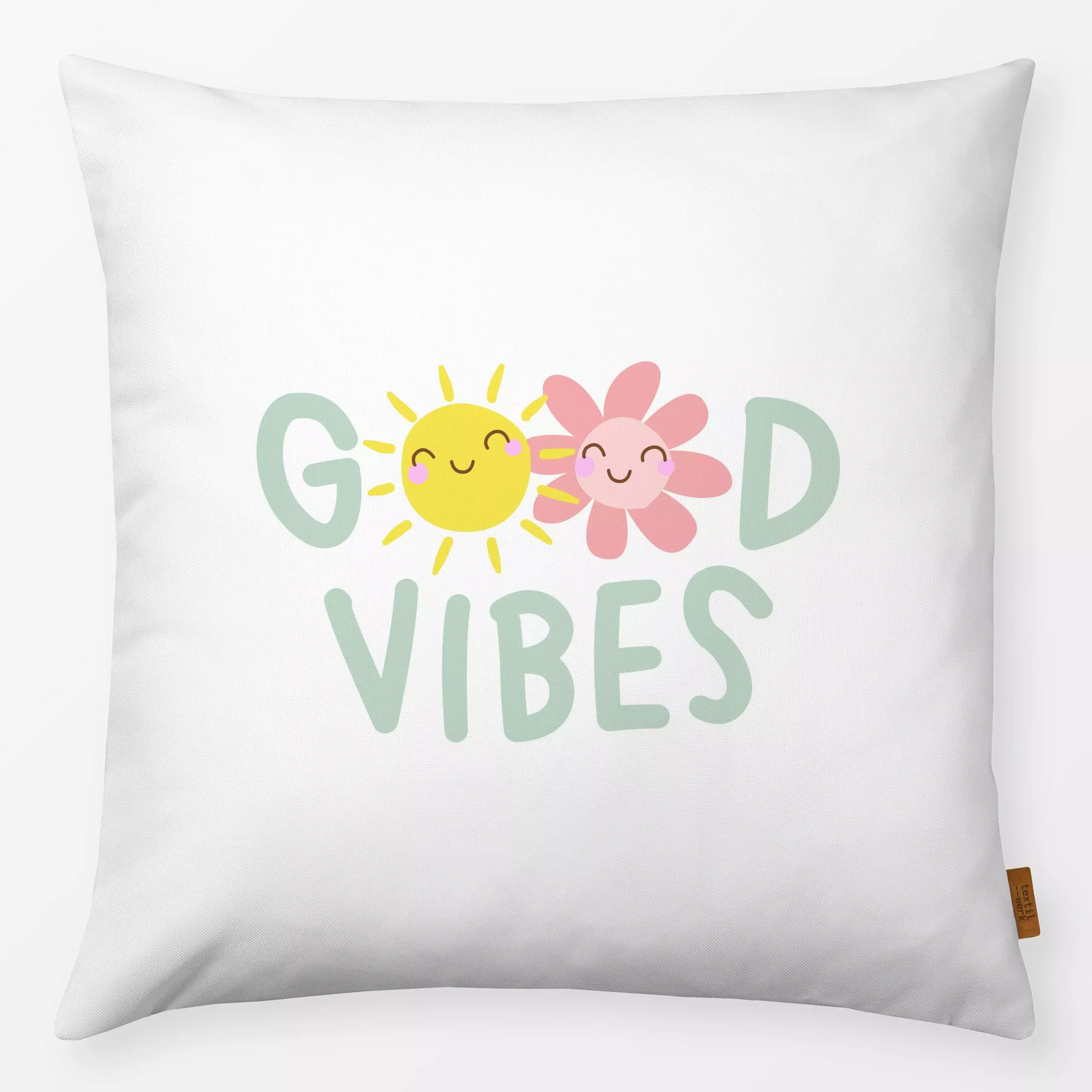 Kissen Good vibes - weiss - Sommer, Sprüche & Schriftzüge - von „Heyduda"; Blumen, Sonne, Sommer, floral, typografie, Freude...