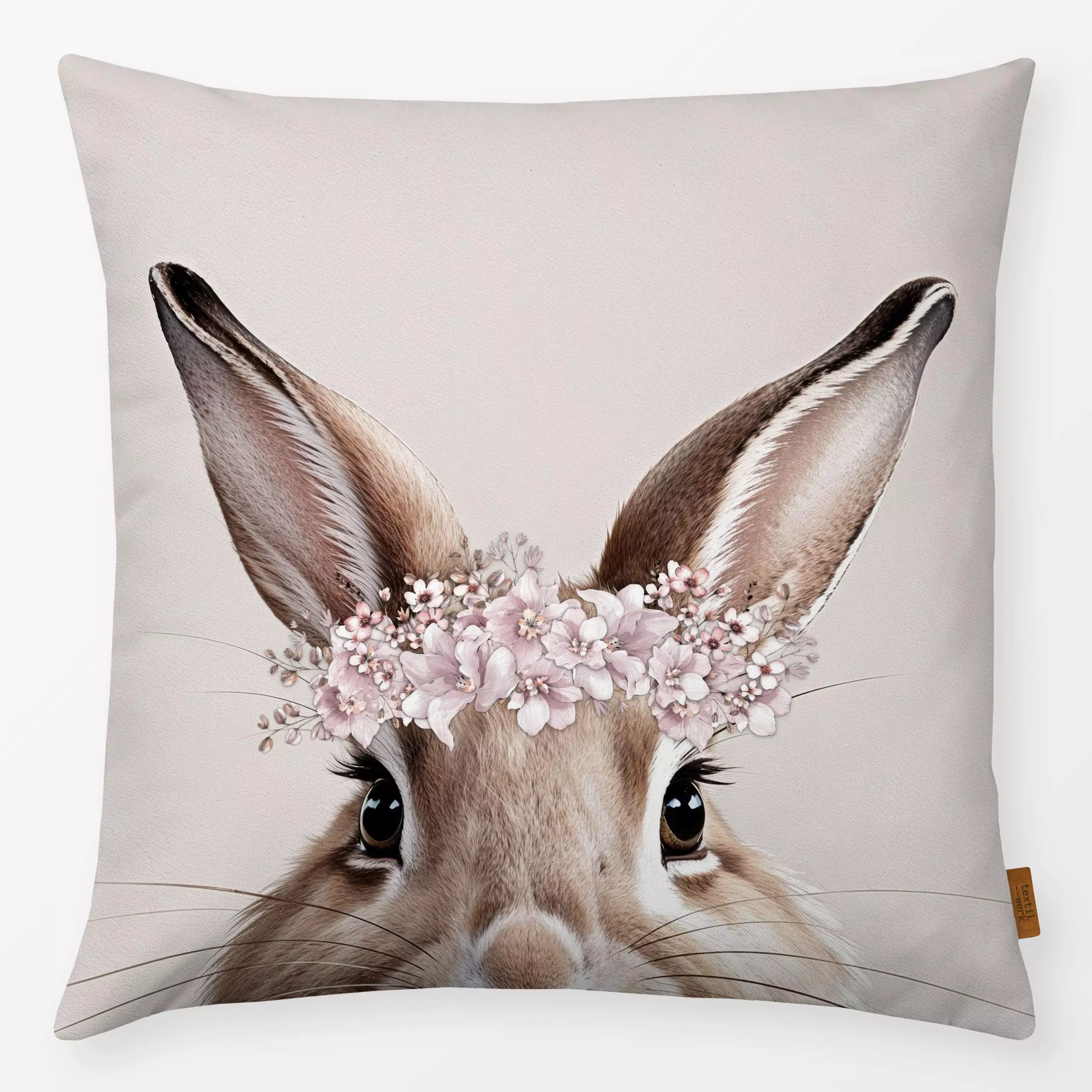 Kissen Hallo Hase Coquette Beige - Frühling, Tiere, Ostern - von „Monika Strigel"; Hase, beige, niedlich, Lustig, Ostern, Os...