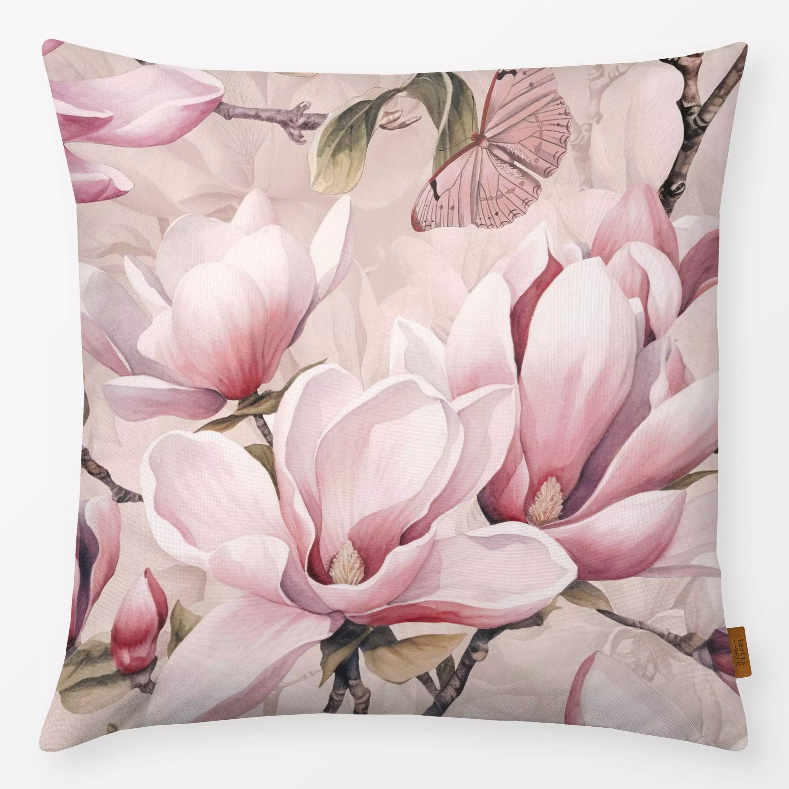 Kissen Magnolia And Butterfly Pink - Blumen & Florales, Frühling - von „Andrea Haase"; Natur, Schmetterling, floral, botanik...