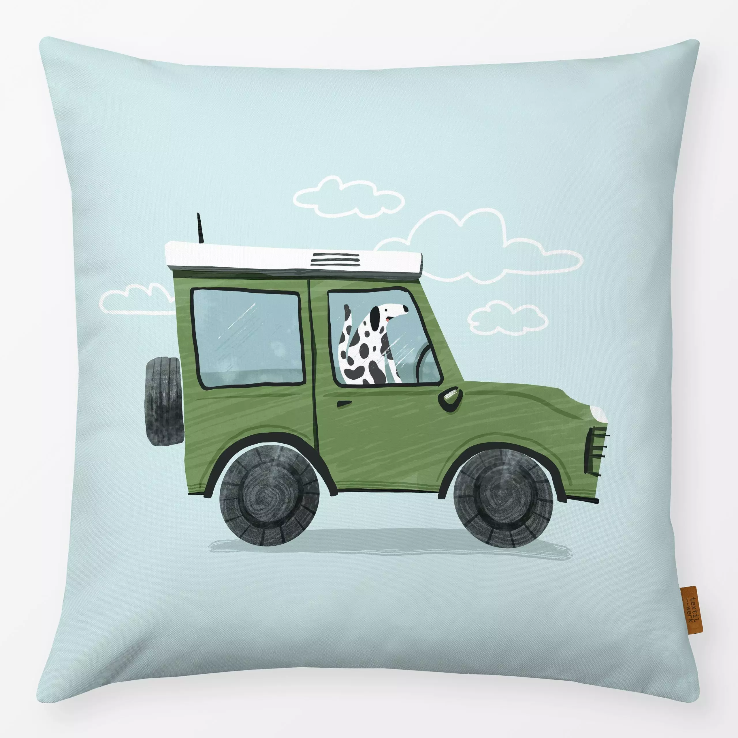 Kissen Hund im Auto blau - Kinderzimmer & Motive für Kinder, Tiere, Reise - von „Janna Schipper"; Kinder, Hund, Kinderzimmer...