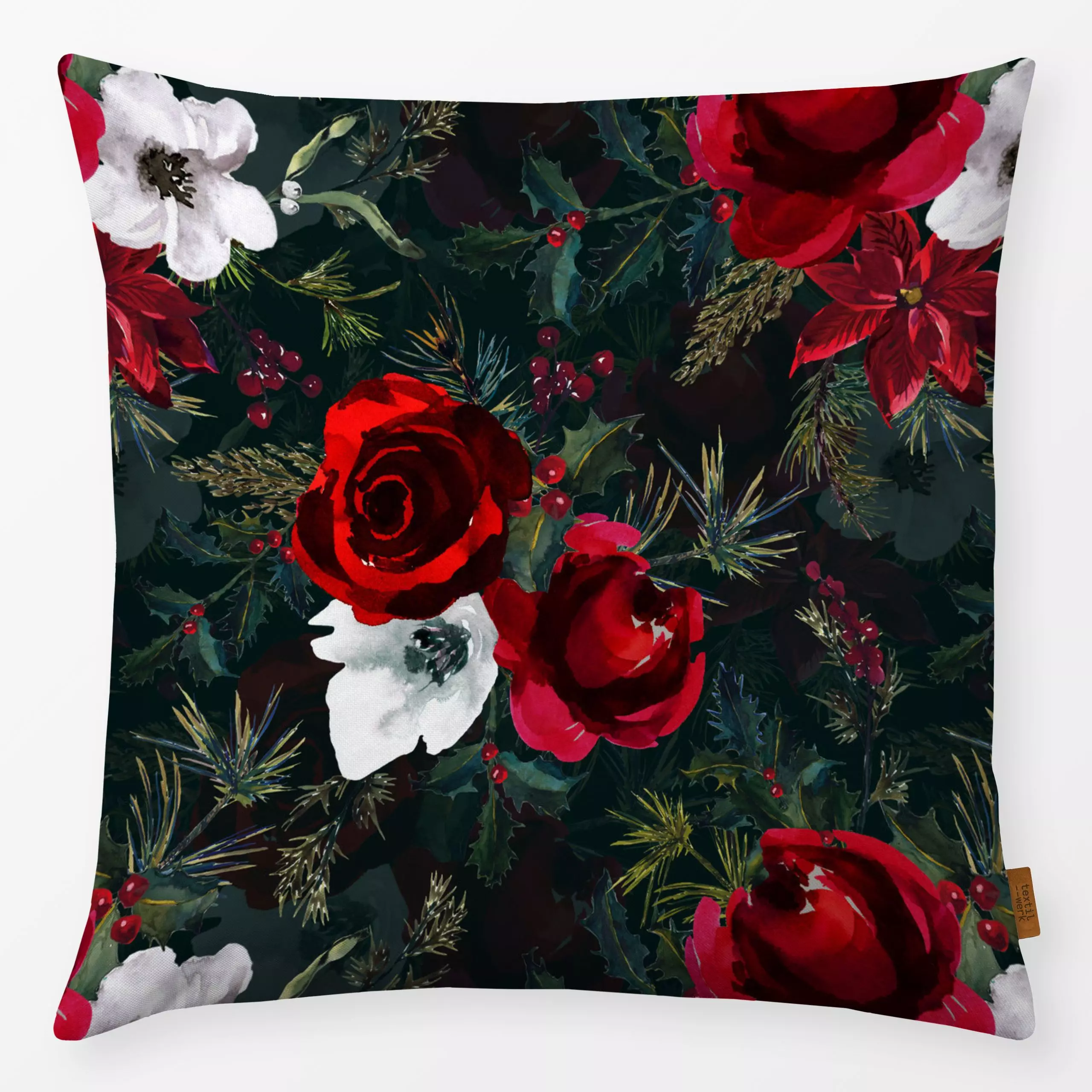 Kissen Weihnachtliche Rosen - Blumen & Florales, Weihnachten, Winter - von „Uta Naumann"; Muster, Rosen, Hygge, Weihnachten,...