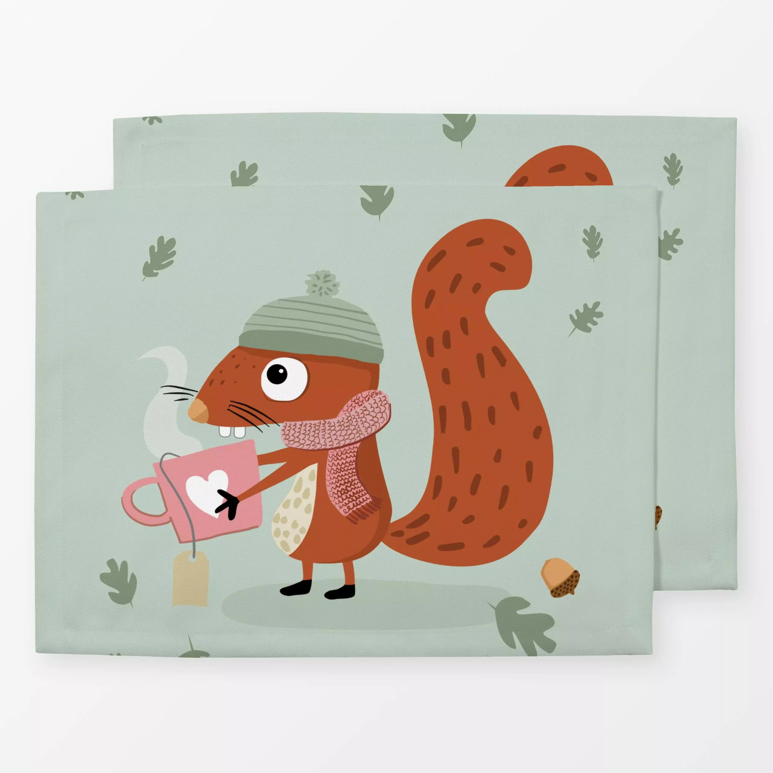 Tischset Eichhörnchen mint - Herbst, Kinderzimmer & Motive für Kinder, Tiere - von „Heyduda"; Zeichnung, Laub, Eichhörnchen,...